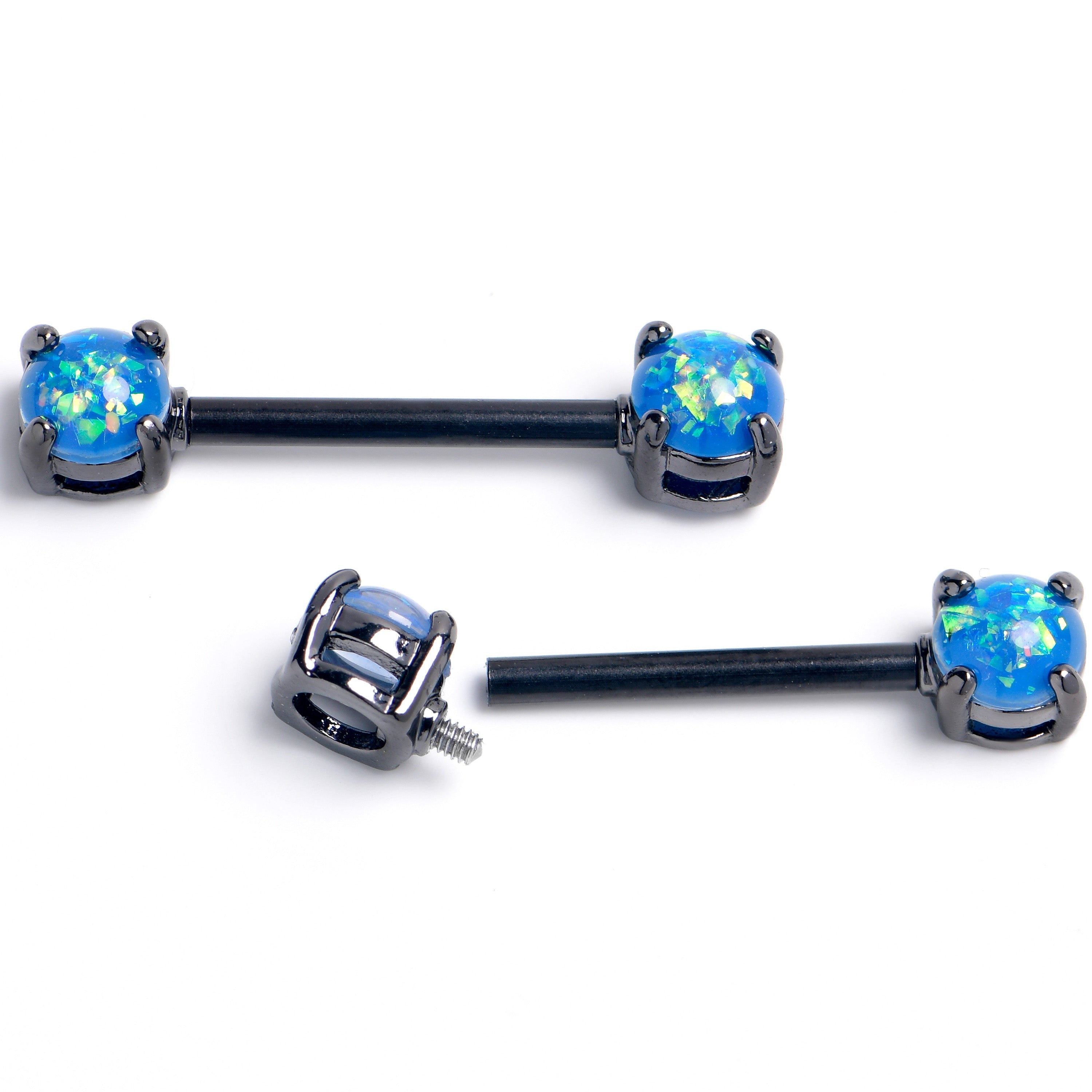 BodyCandy 14G 9/16 Blue Faux Opal Black Internally Threaded Nipple Ring Set — main product shot