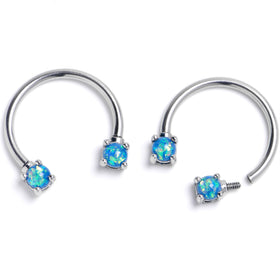 16G 3/8 Blue Faux Opal Internally Threaded Horseshoe Nipple Ring Set