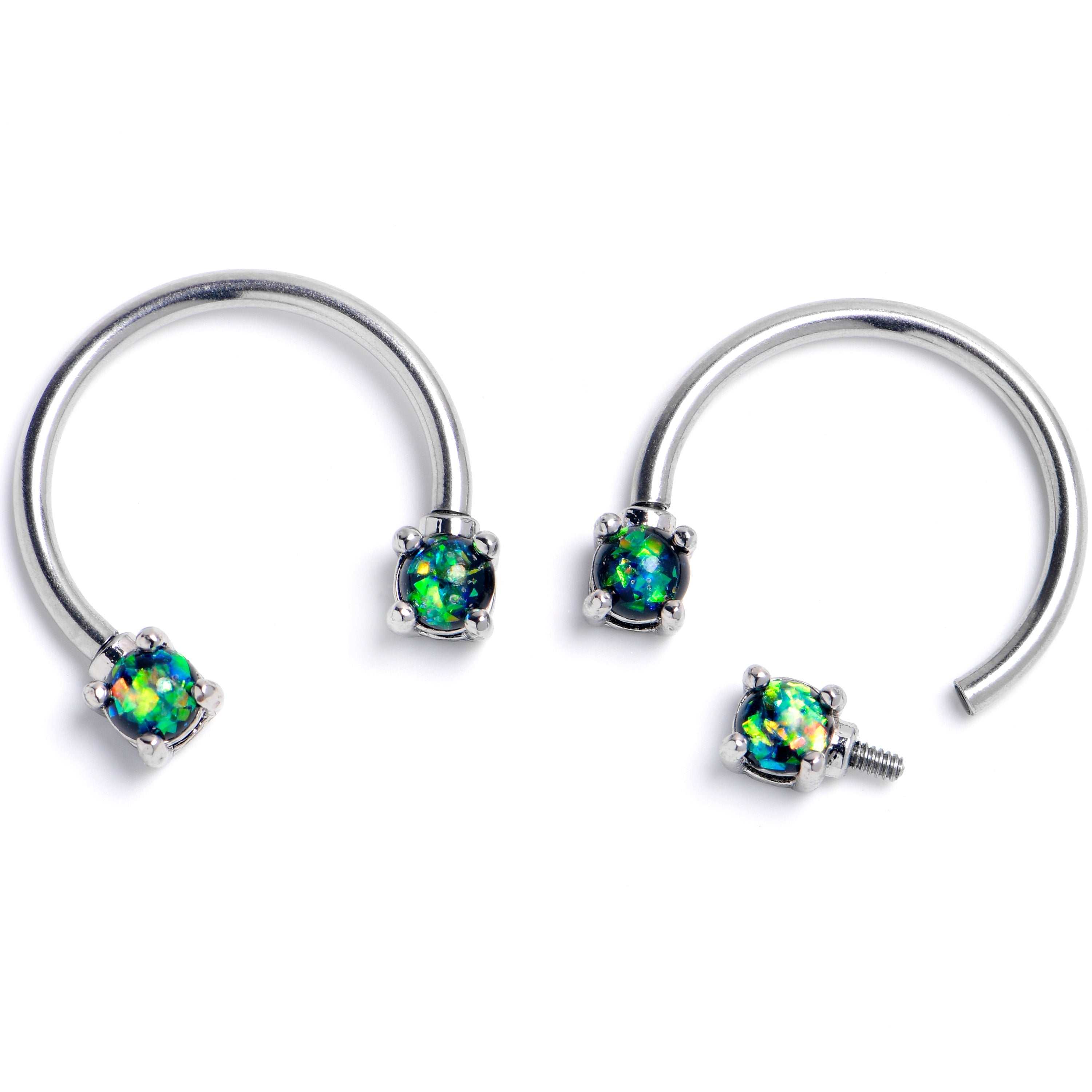 BodyCandy 16G 3/8 Green Faux Opal Internally Threaded Horseshoe Nipple Ring Set — main product shot