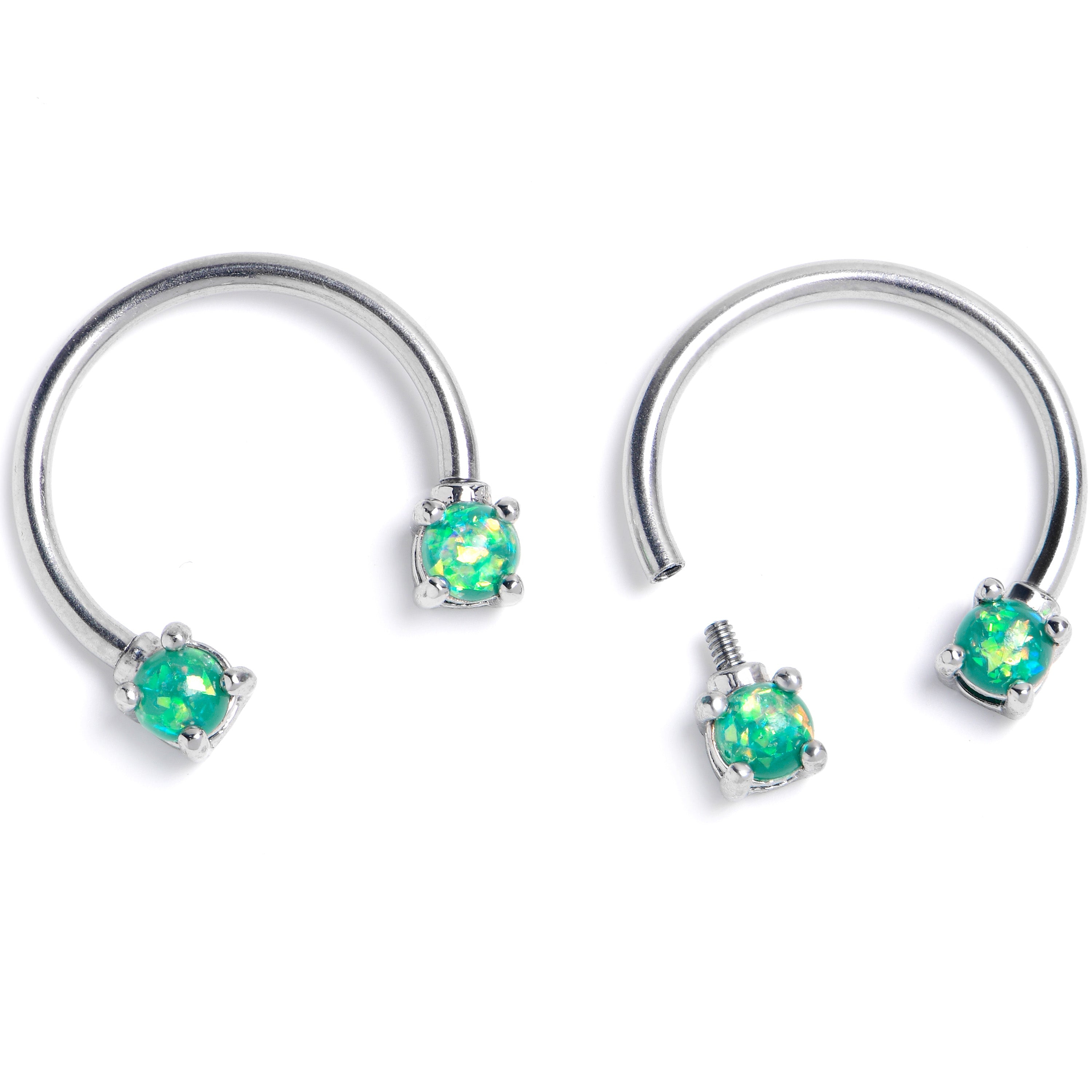 BodyCandy 16G 3/8 Lt Green Faux Opal Internally Threaded Horseshoe Nipple Ring Set — main product shot