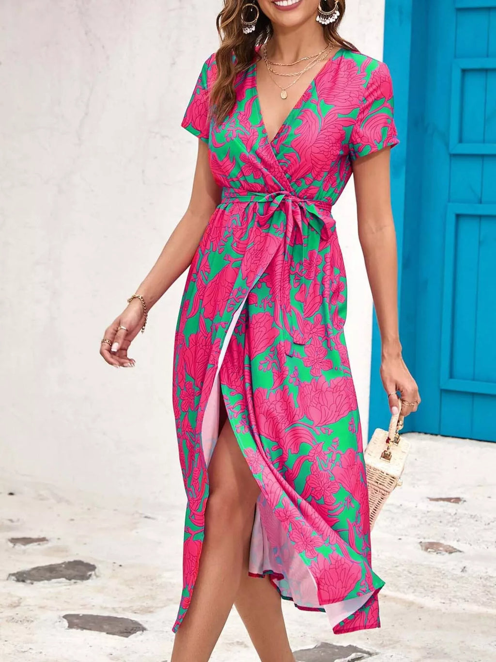 Surplice Short Sleeve Midi Dress