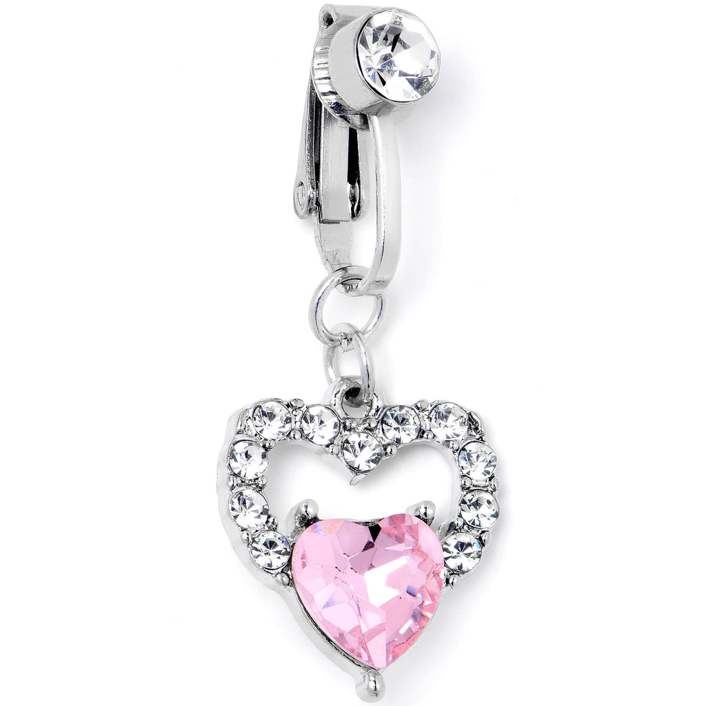 BodyCandy Clear Pink CZ Gem Double Heart Fake Clip On Belly Ring — main product shot