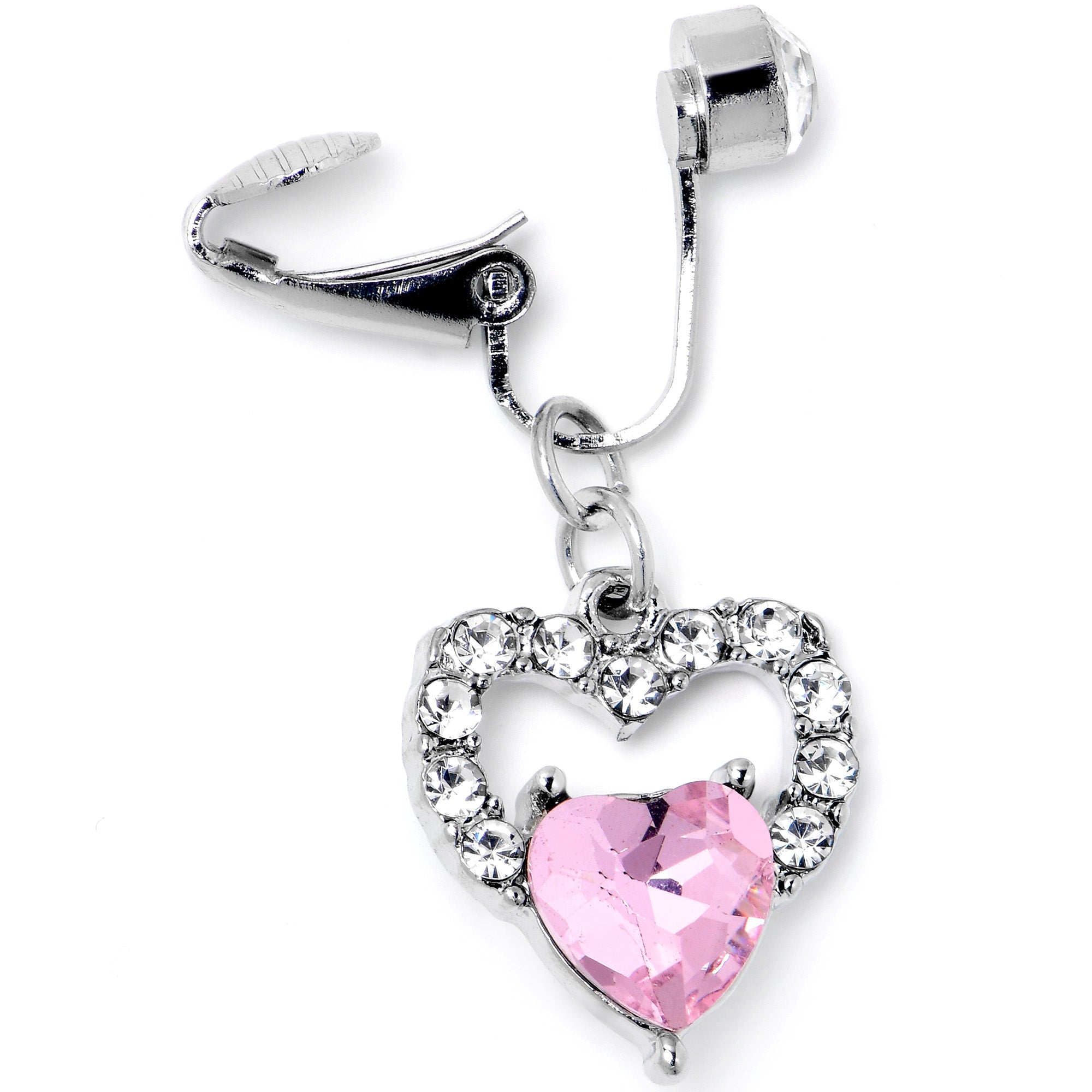 BodyCandy Clear Pink CZ Gem Double Heart Fake Clip On Belly Ring — detail close-up