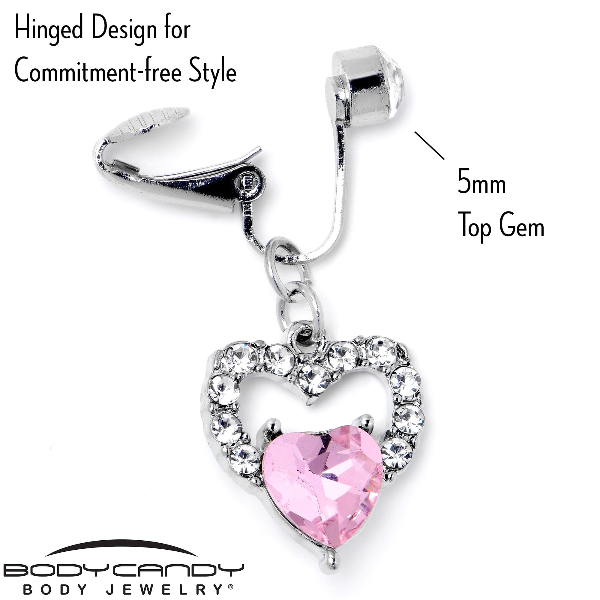 BodyCandy Clear Pink CZ Gem Double Heart Fake Clip On Belly Ring — side view