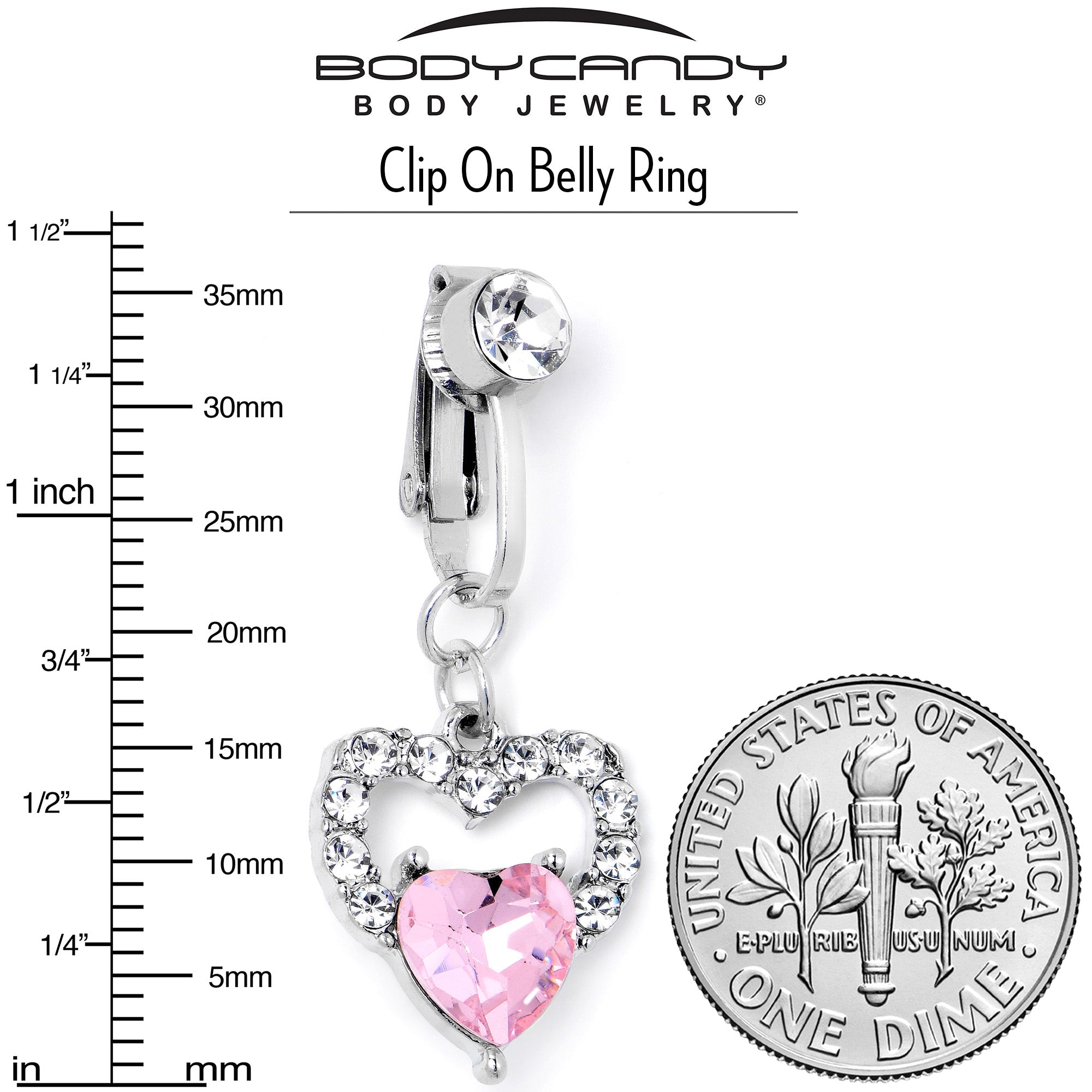 BodyCandy Clear Pink CZ Gem Double Heart Fake Clip On Belly Ring — back view