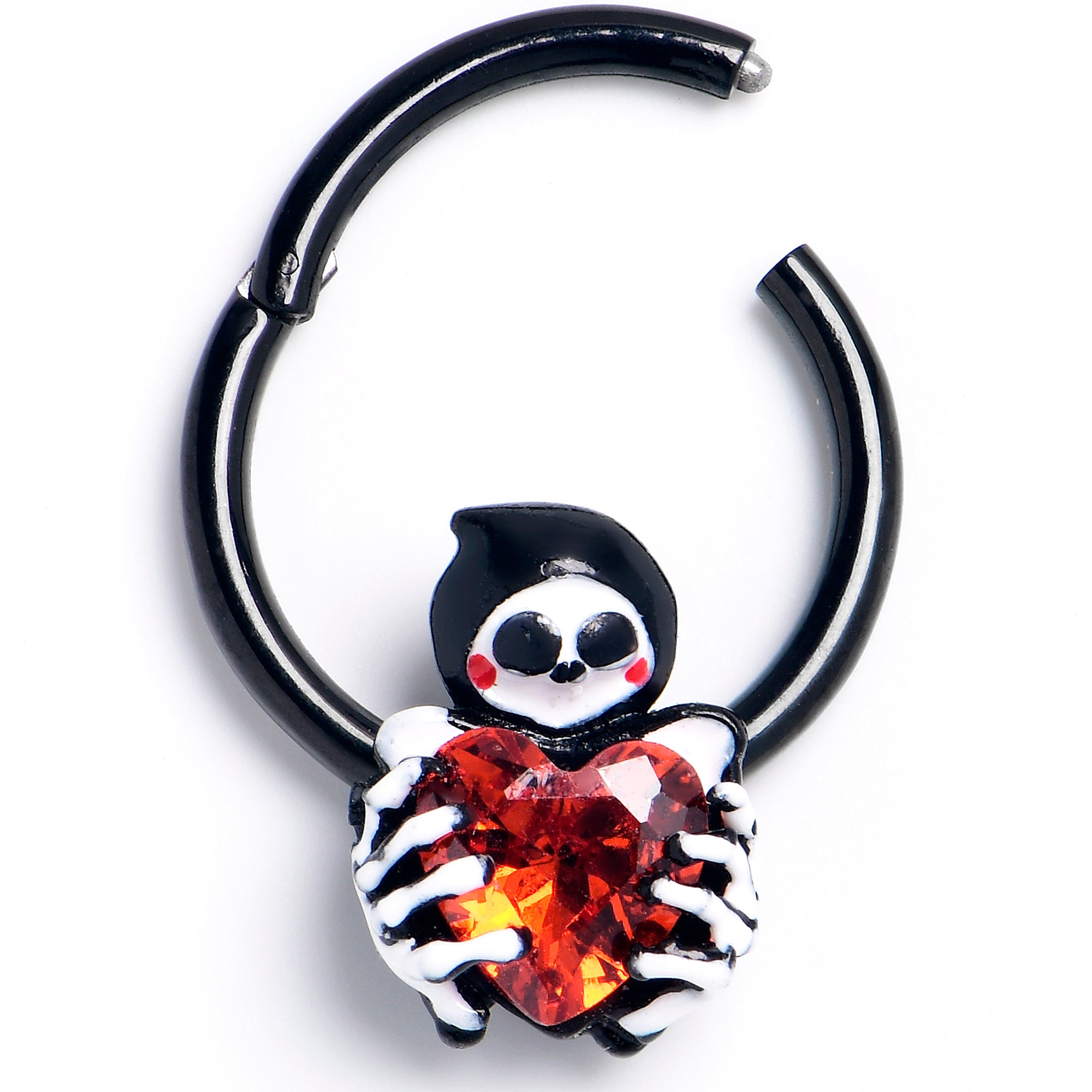 BodyCandy 16G 3/8 Red Gem Black Skeleton Heart Hinged Segment Ring — main product shot