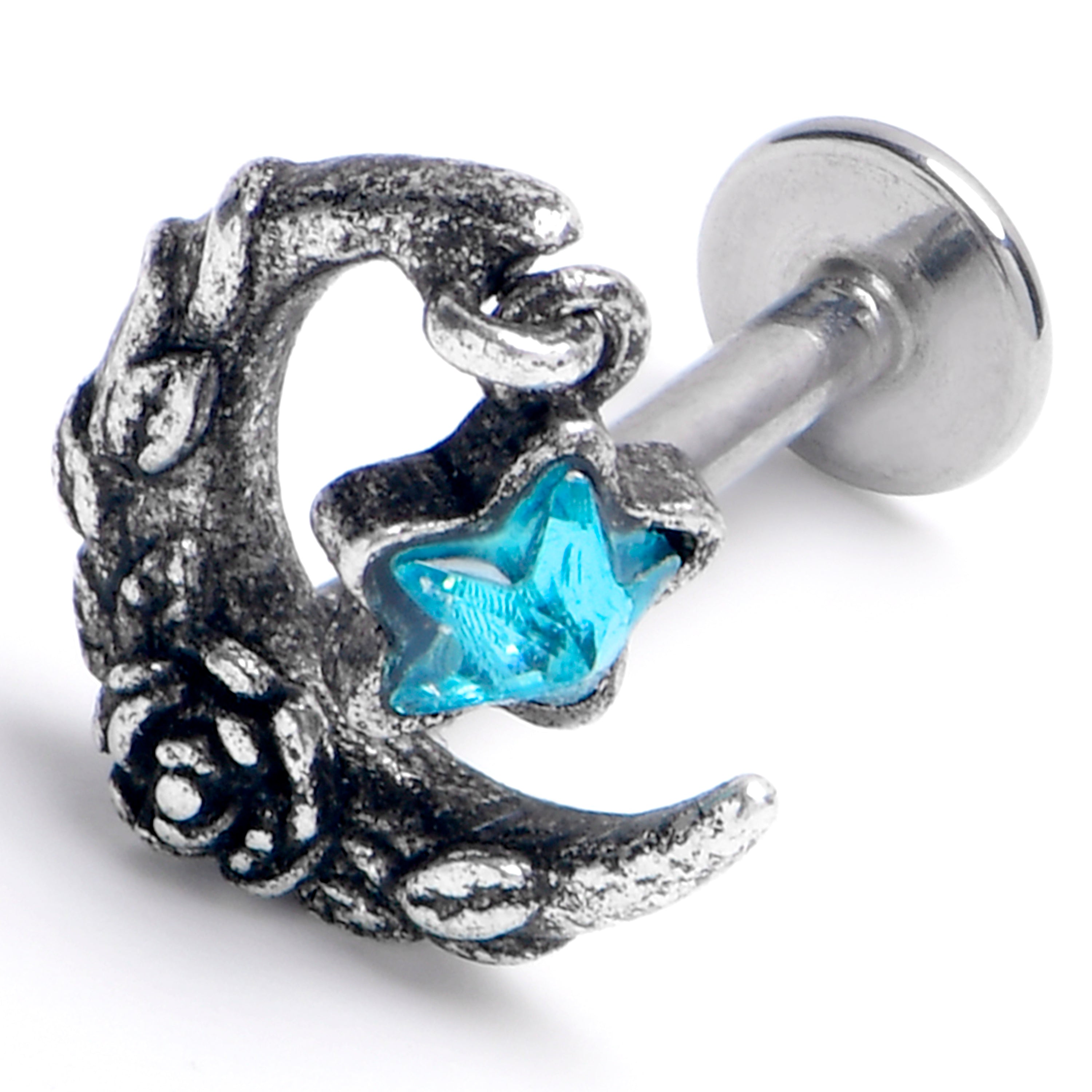 BodyCandy 16G 5/16 Blue Gem Ornate Moon Star Labret Monroe Tragus — main product shot