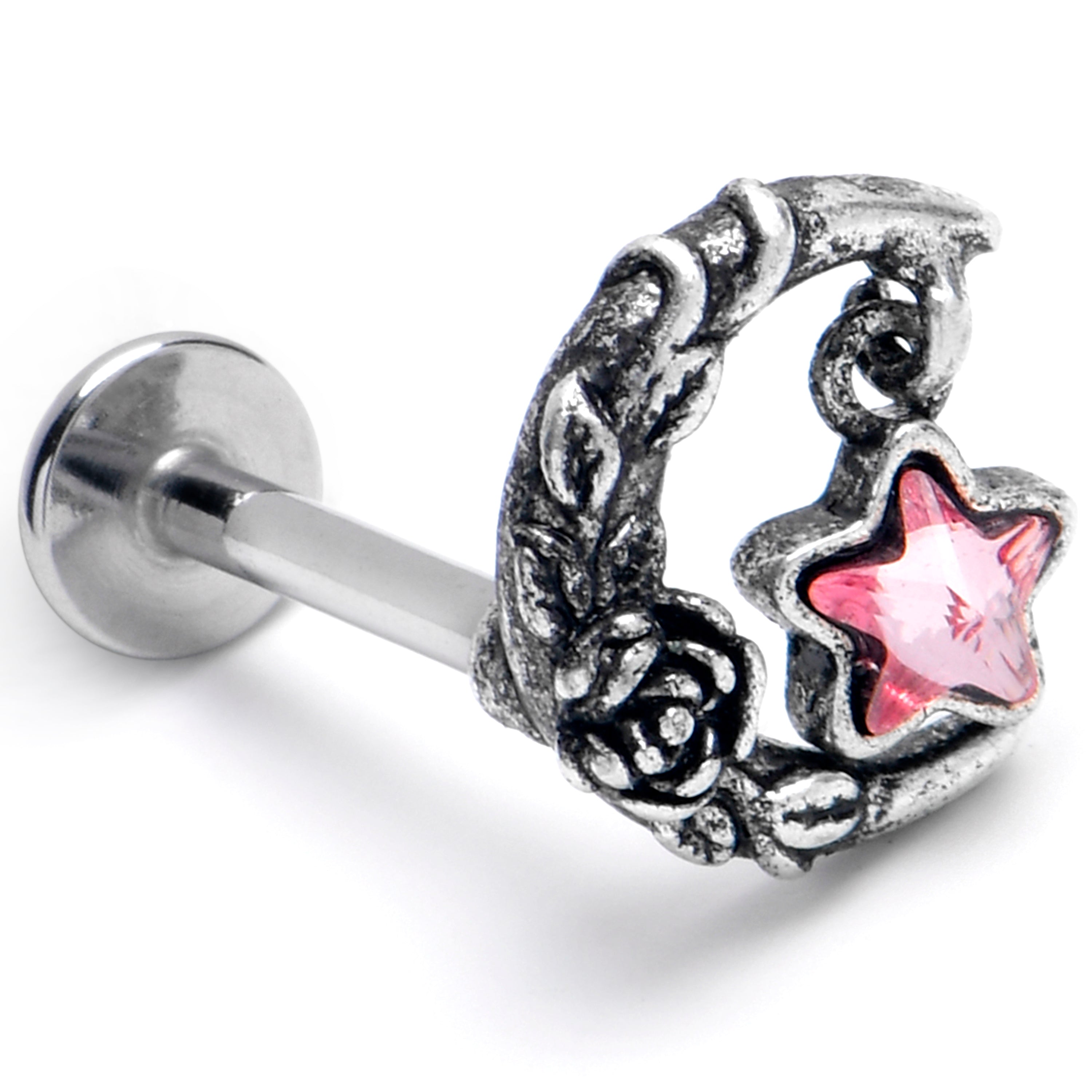 BodyCandy 16G 5/16 Pink Gem Ornate Moon Star Labret Monroe Tragus — main product shot