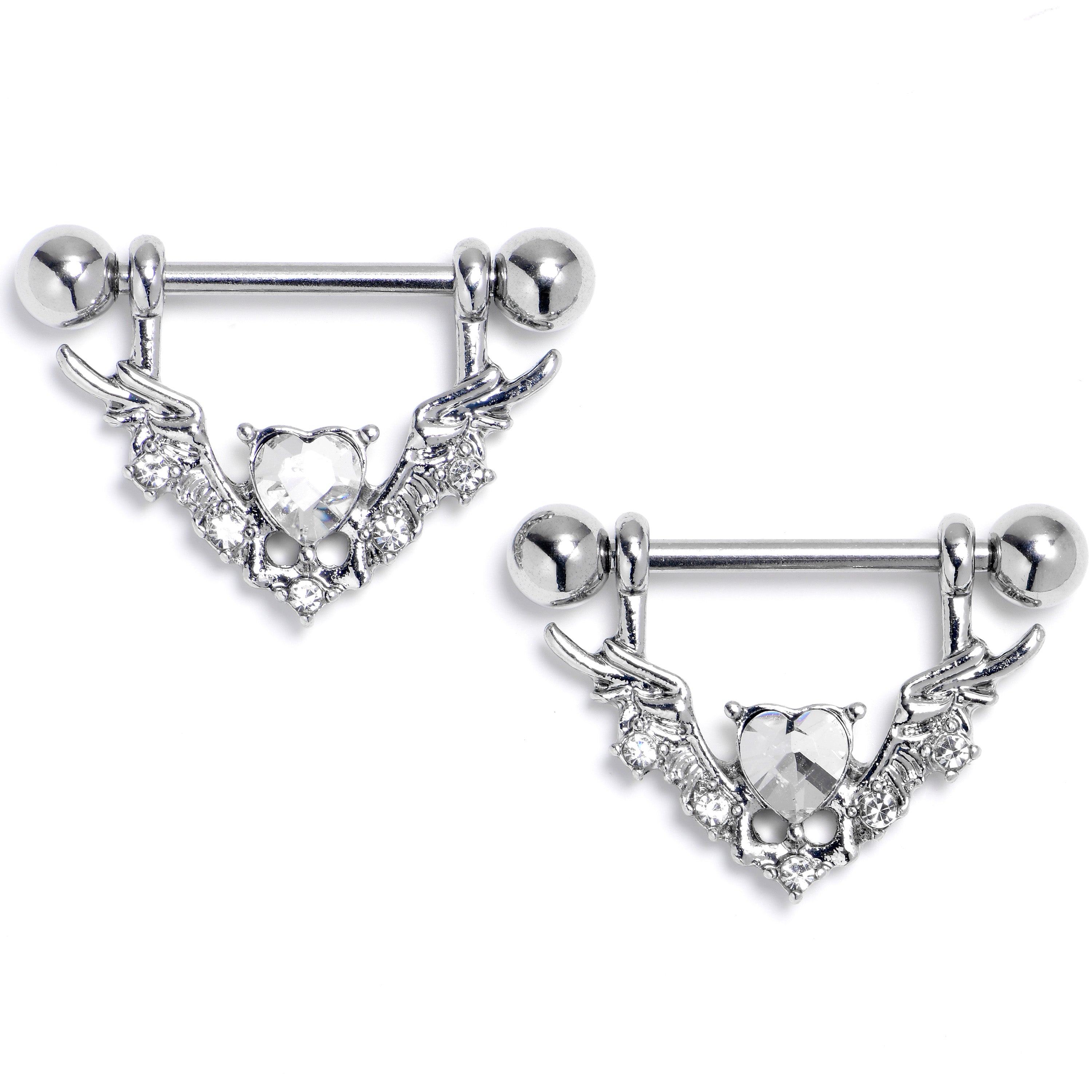 BodyCandy 14G 9/16 Clear Gem Winged Hearts Angel Dangle Nipple Ring Set — main product shot