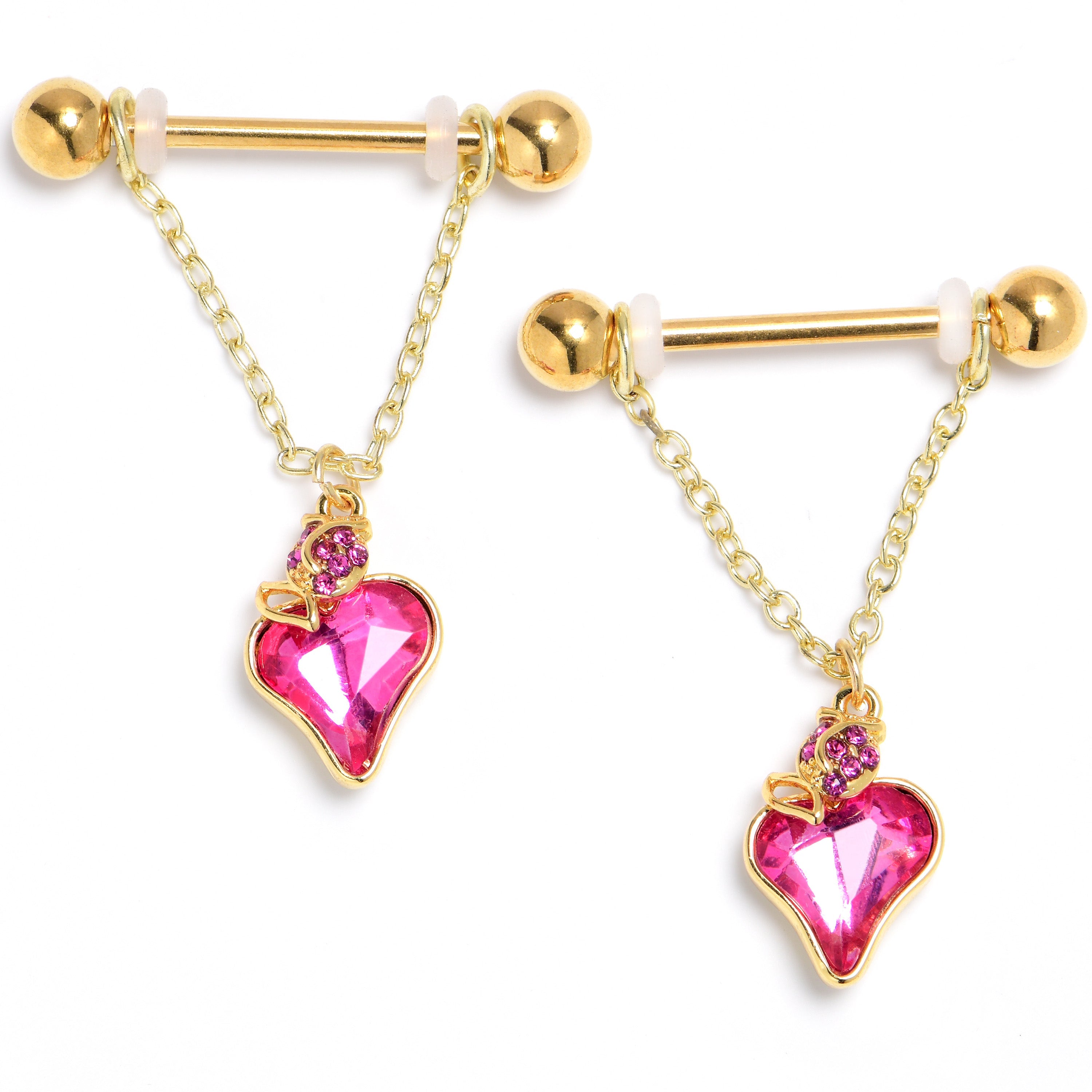BodyCandy 14G 9/16 Pink Gem Gold Tone Strawberry Love Dangle Nipple Ring Set — main product shot