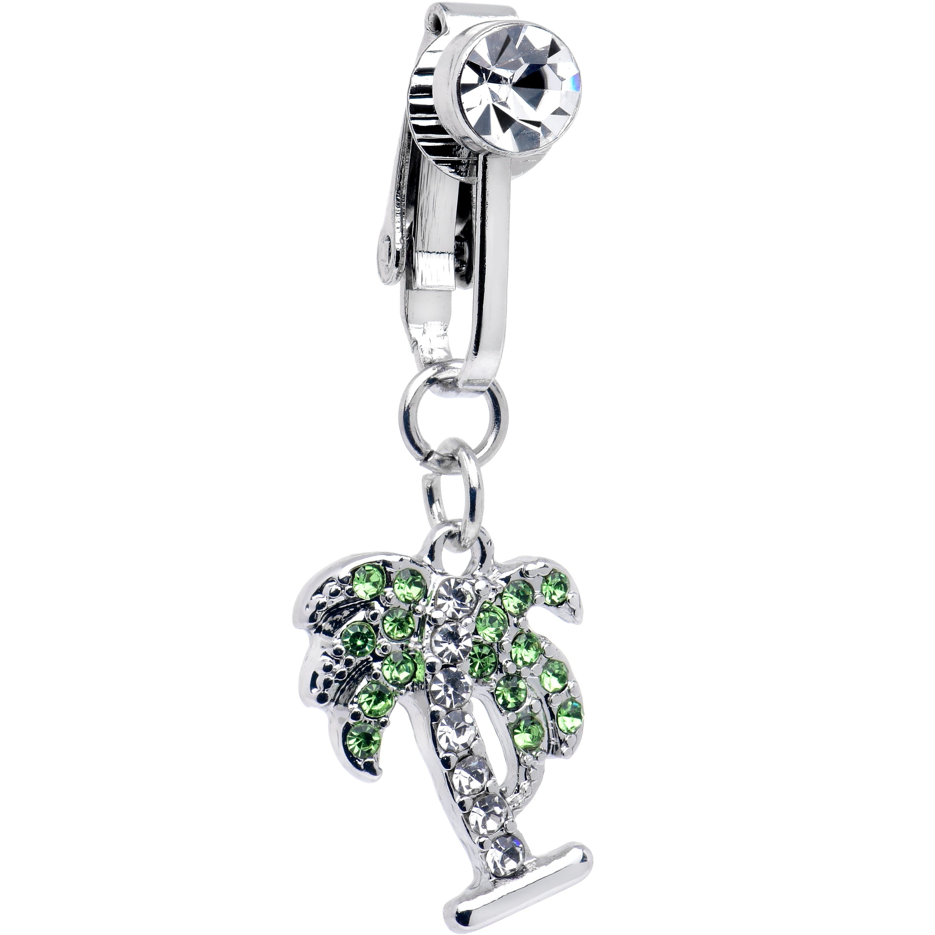 BodyCandy Green Clear CZ Gem Balmy Palm Tree Dangle Clip on Fake Belly Ring — main product shot