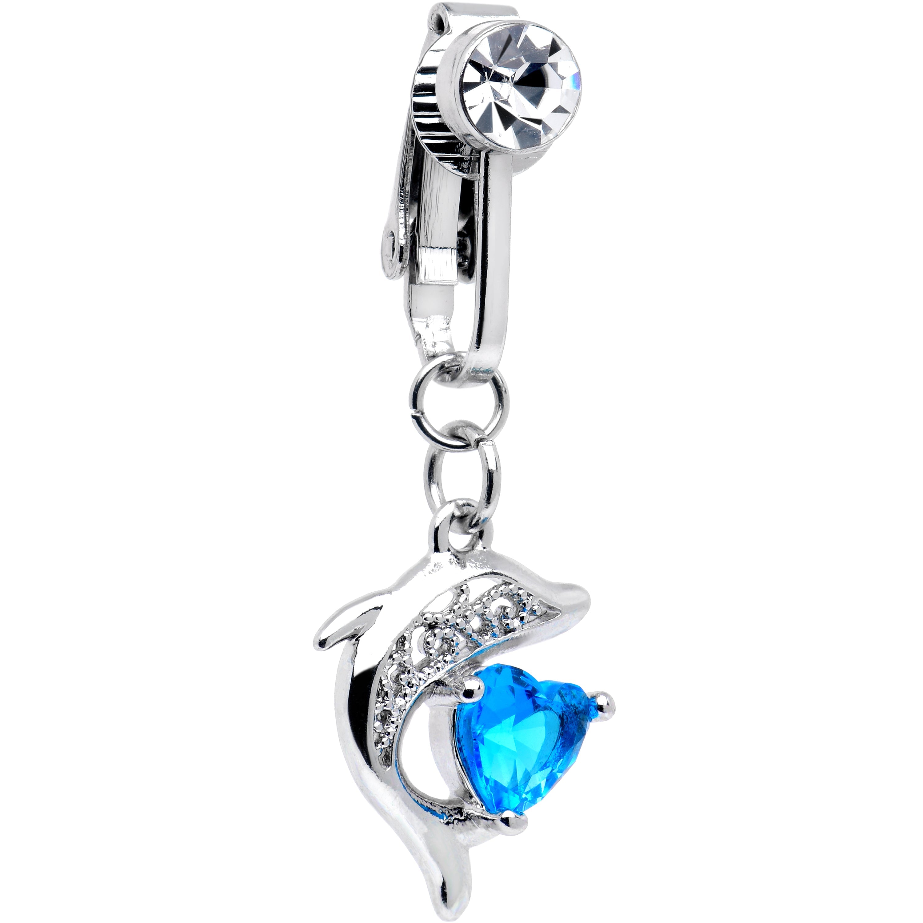 BodyCandy Clear Blue CZ Gem Dolphin Glam Dangle Clip on Fake Belly Ring — main product shot