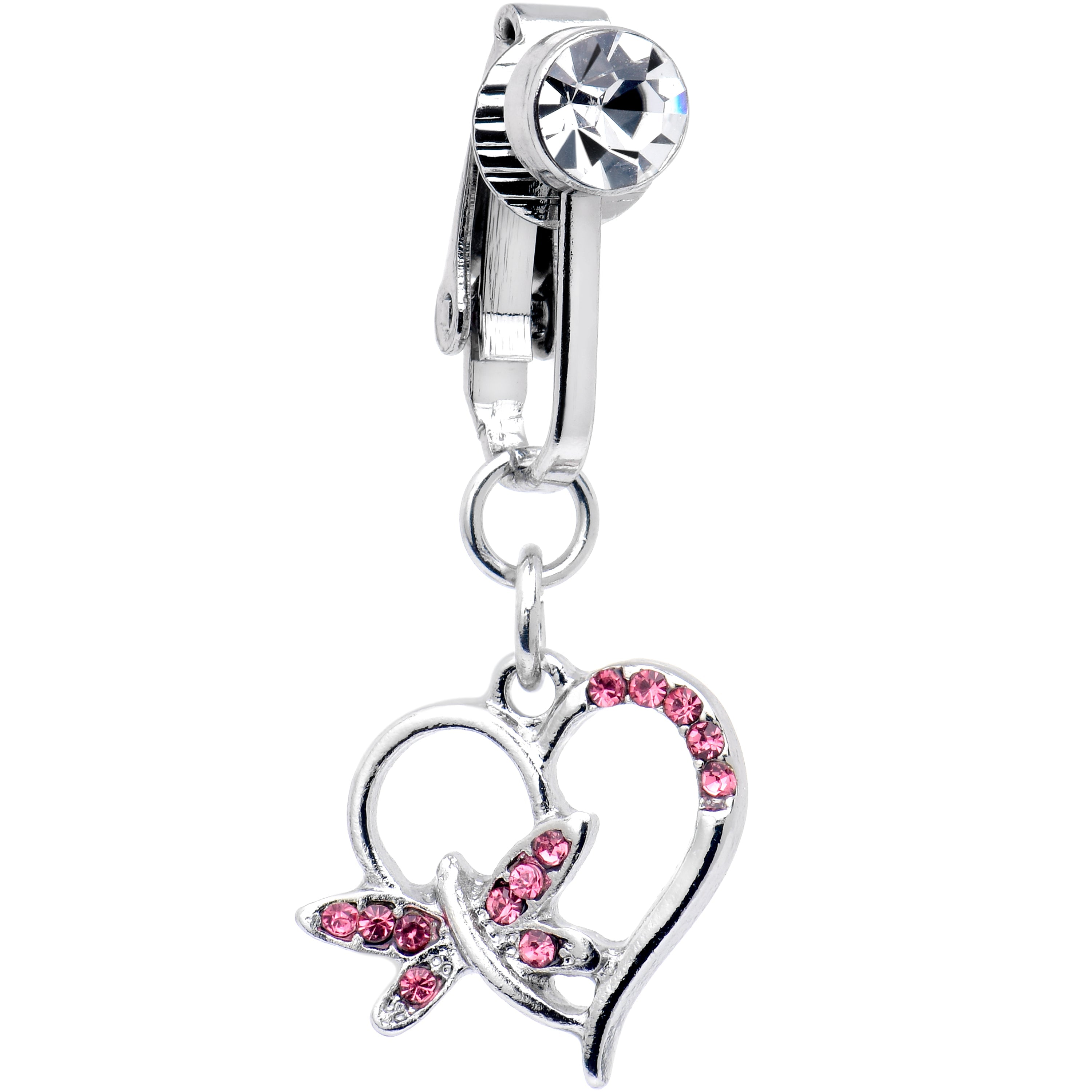 BodyCandy Pink CZ Gem Heart Dragonfly Love Dangle Clip on Fake Belly Ring — main product shot
