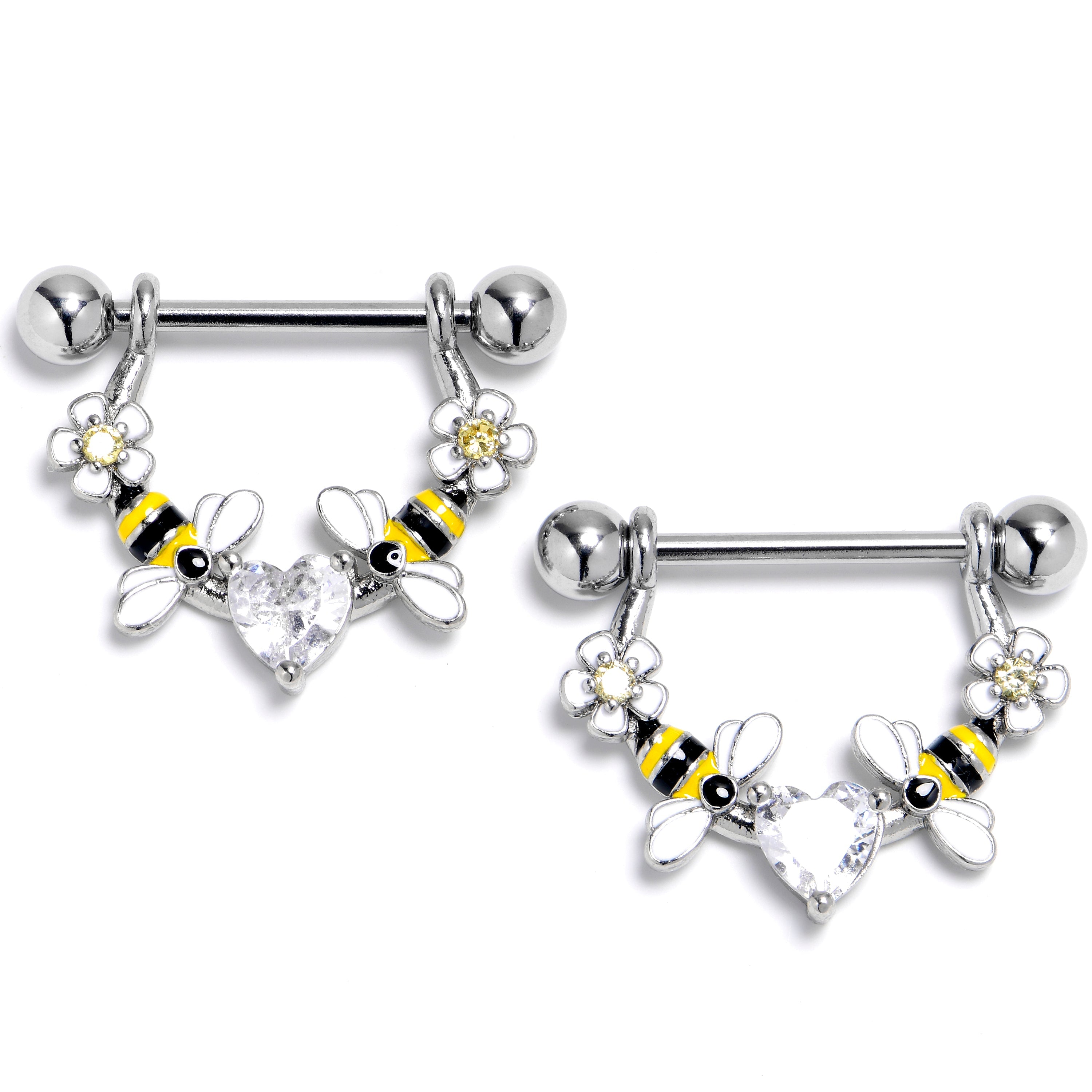 BodyCandy 14G 9/16 Clear Gem Heart Bees Flowers Dangle Nipple Ring Set — main product shot