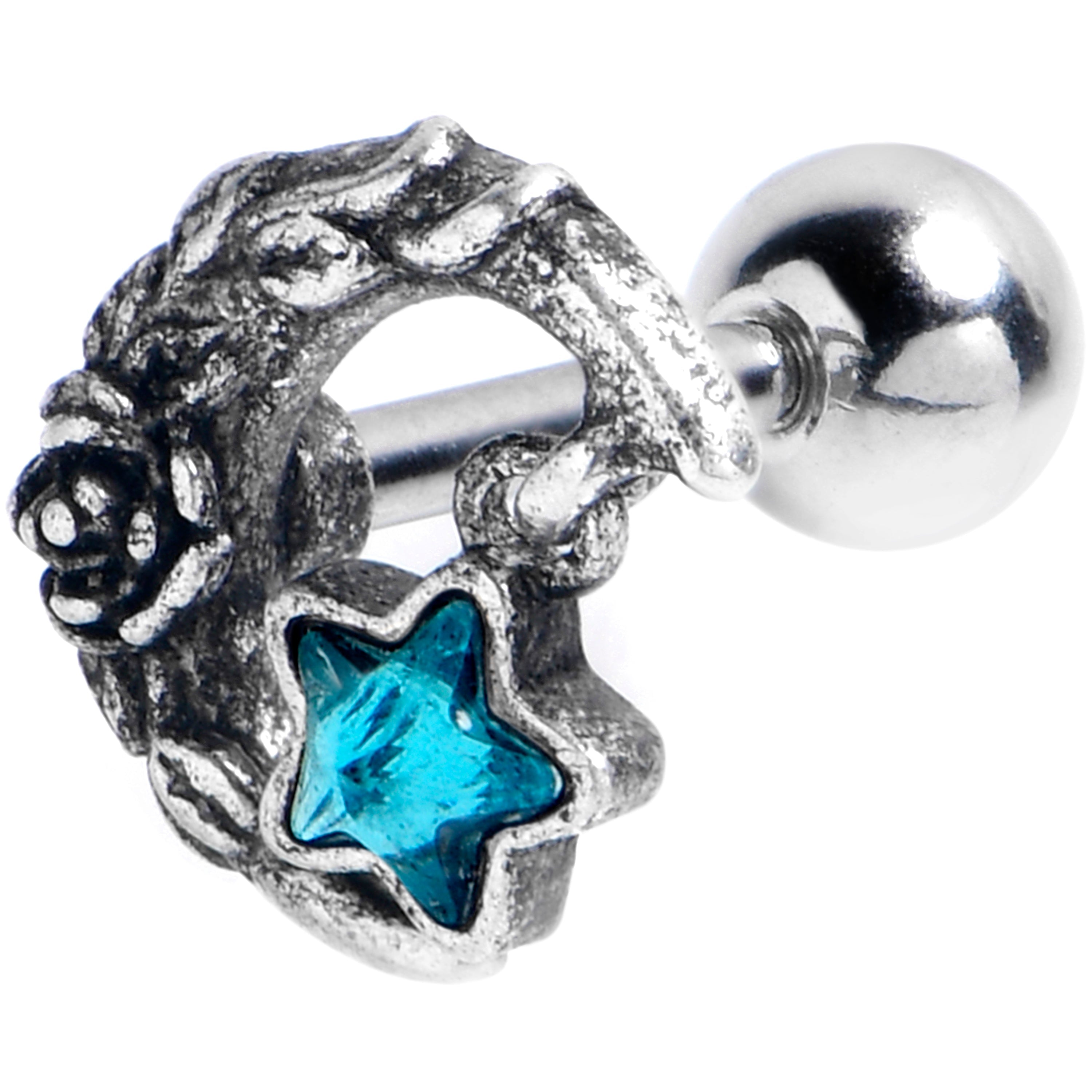 BodyCandy 16G 1/4 Blue Gem Ornate Moon Star Cartilage Tragus Earring — main product shot