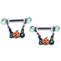 BodyCandy 14G 9/16 Green Gem Black Boo Halloween Dangle Nipple Ring Set — main product shot