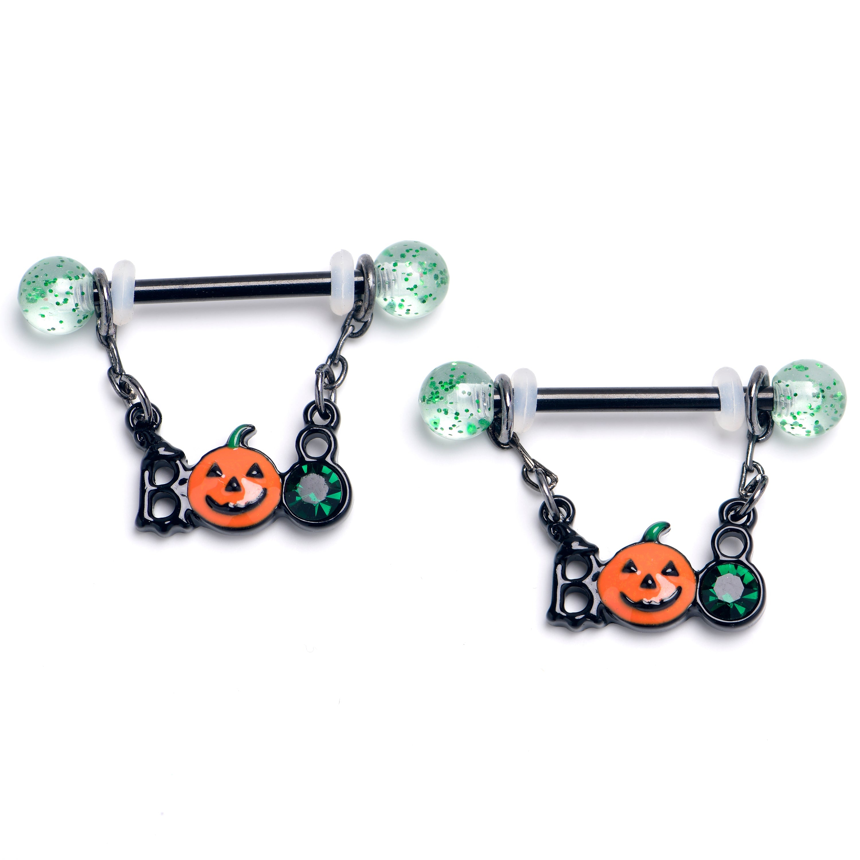 BodyCandy 14G 9/16 Green Gem Black Boo Halloween Dangle Nipple Ring Set — main product shot