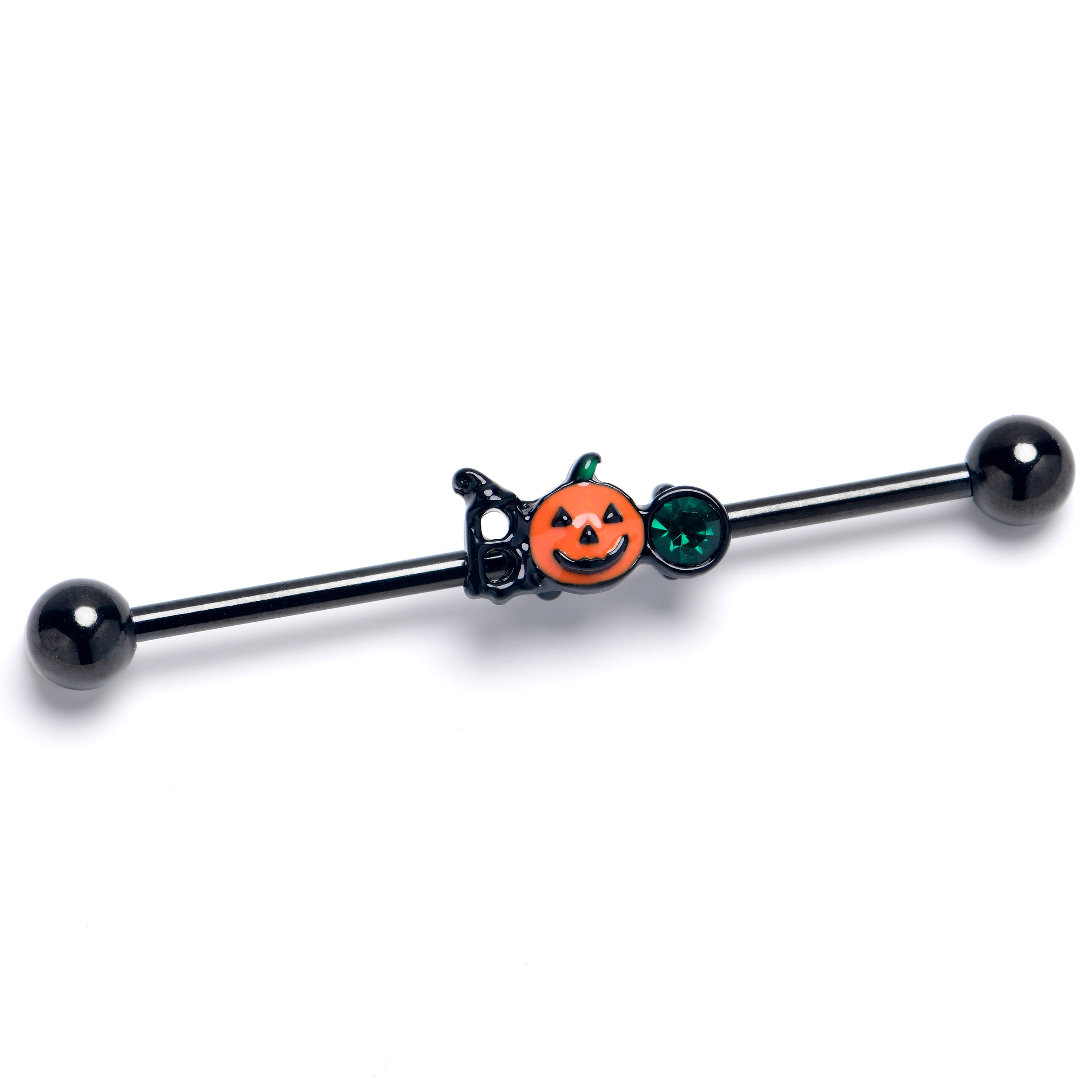 BodyCandy 14G Green Gem Black Boo Halloween Industrial Barbell 38mm — main product shot