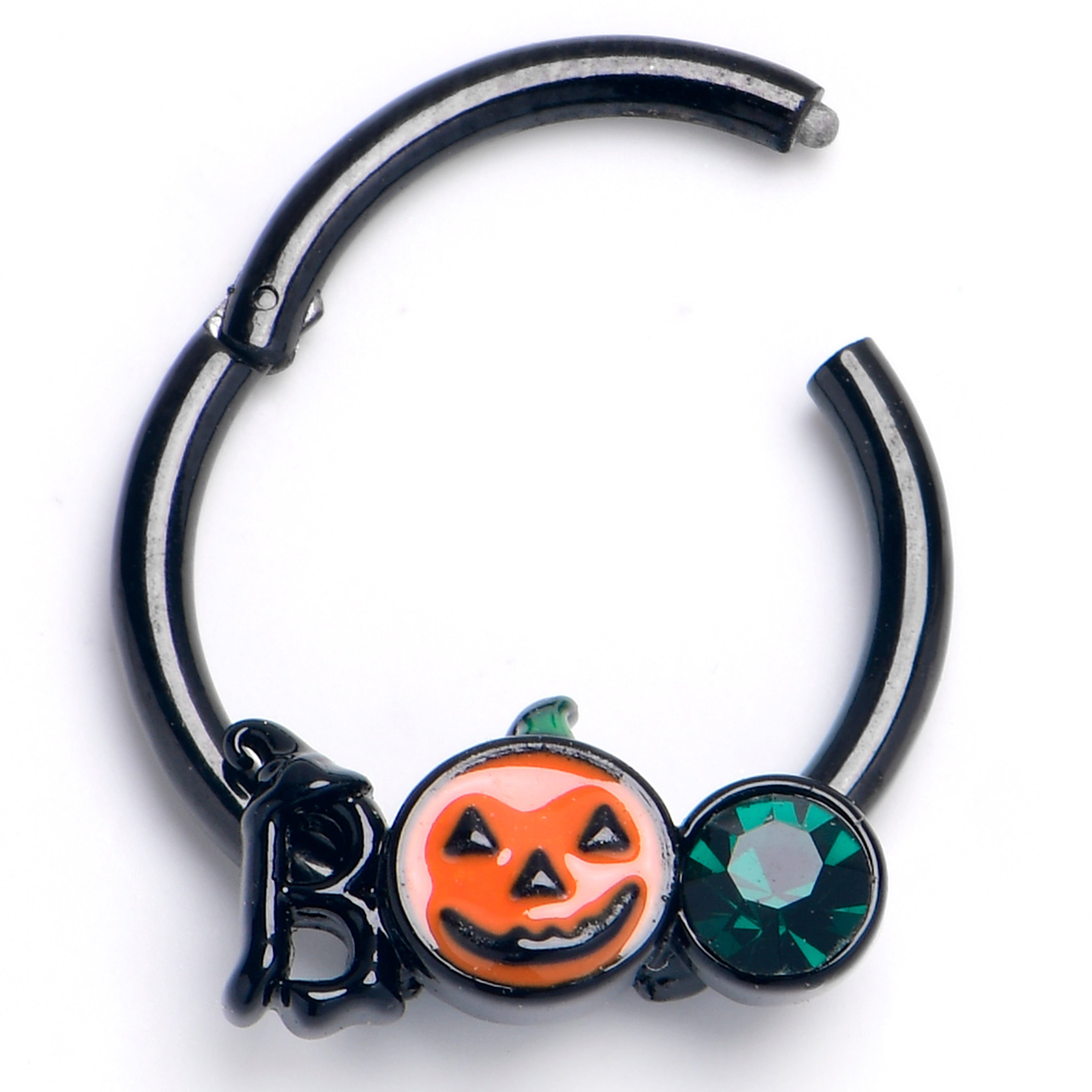 BodyCandy 16G  3/8 Green Gem Black Boo Halloween Hinged Segment Ring — main product shot