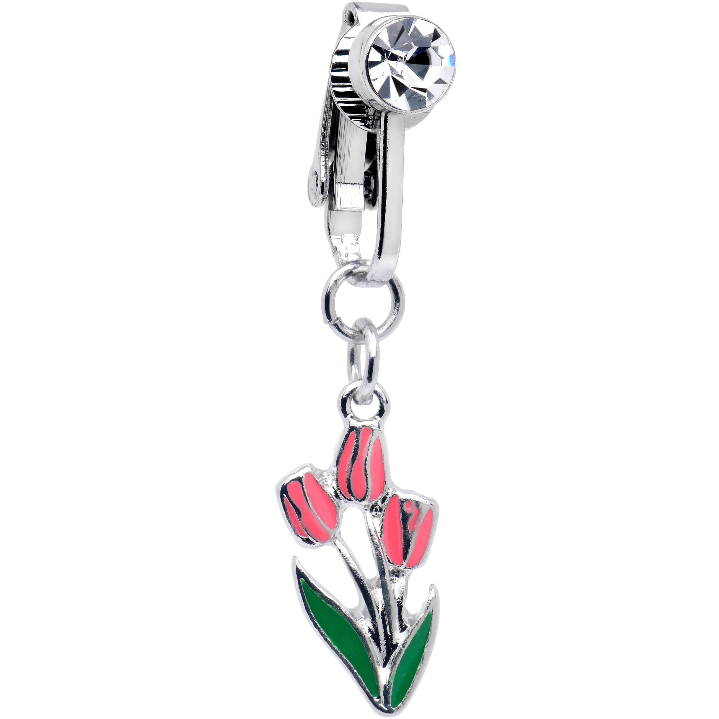 BodyCandy Pretty Pink Tulips Dangle Clip on Fake Belly Ring — main product shot