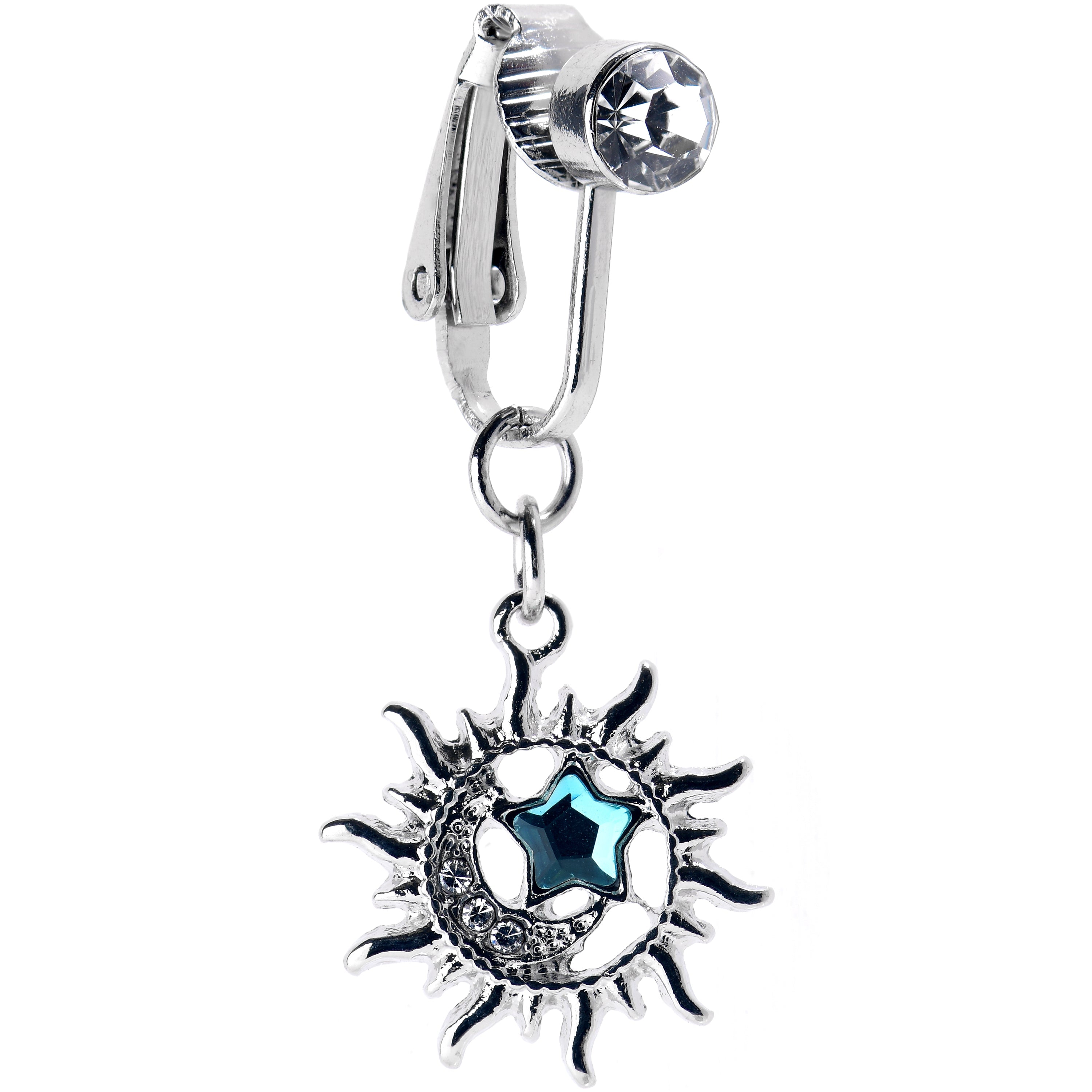 BodyCandy Clear Blue CZ Gem Sun Moon Star Dangle Clip on Fake Belly Ring — main product shot