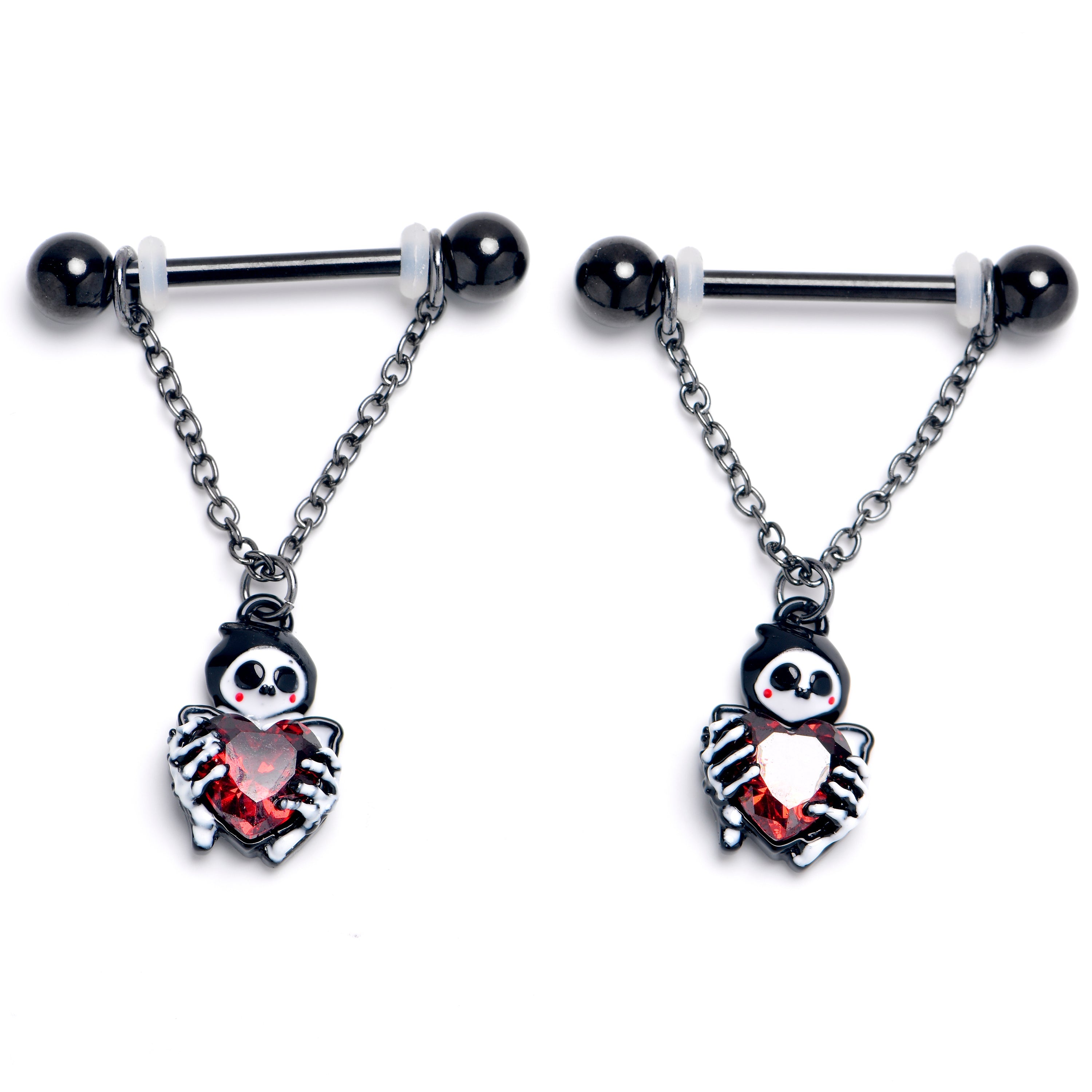 BodyCandy 14G 9/16 Red CZ Gem Black Skeleton Hearts Dangle Nipple Ring Set — main product shot