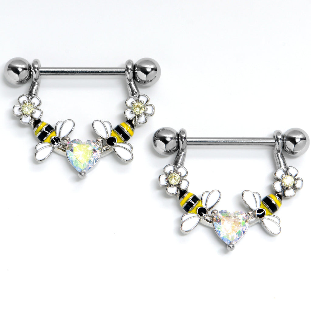 BodyCandy 14G 9/16 Aurora Gem Heart Bees Flowers Dangle Nipple Ring Set — main product shot