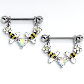 14G 9/16 Aurora Gem Heart Bees Flowers Dangle Nipple Ring Set