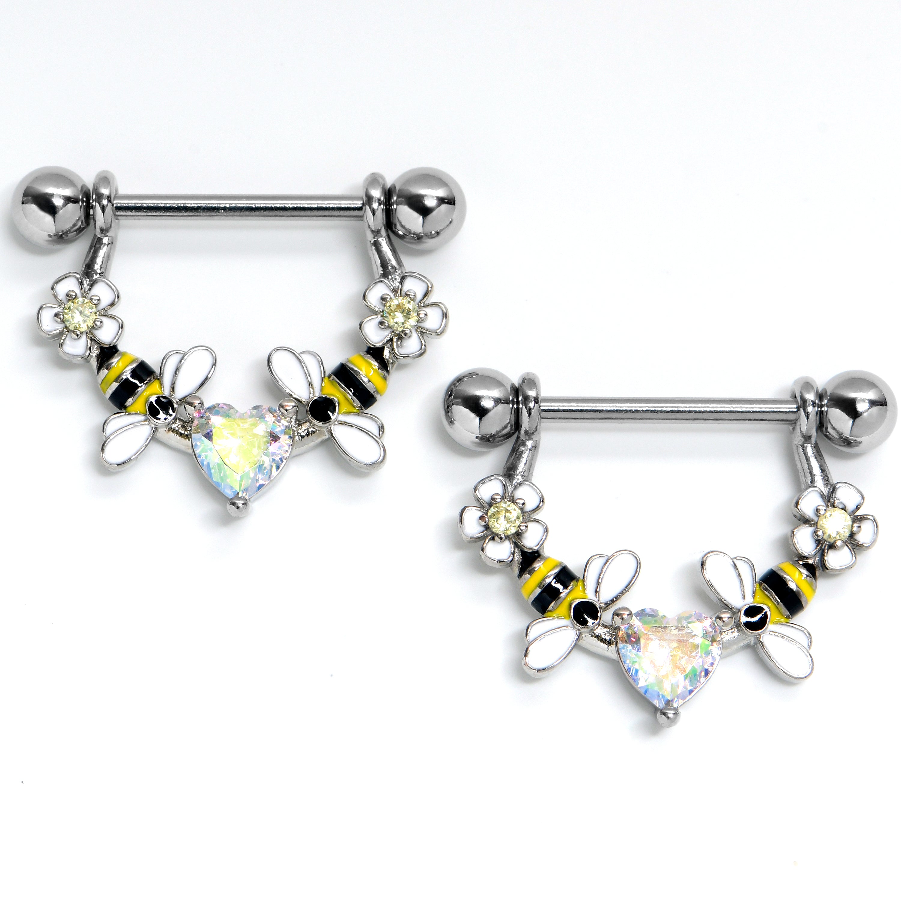 BodyCandy 14G 9/16 Aurora Gem Heart Bees Flowers Dangle Nipple Ring Set — main product shot
