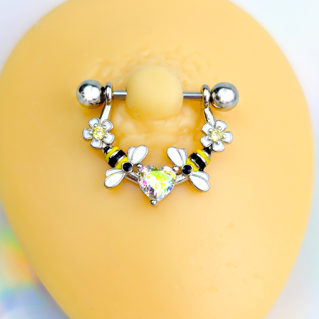 BodyCandy 14G 9/16 Aurora Gem Heart Bees Flowers Dangle Nipple Ring Set — detail close-up