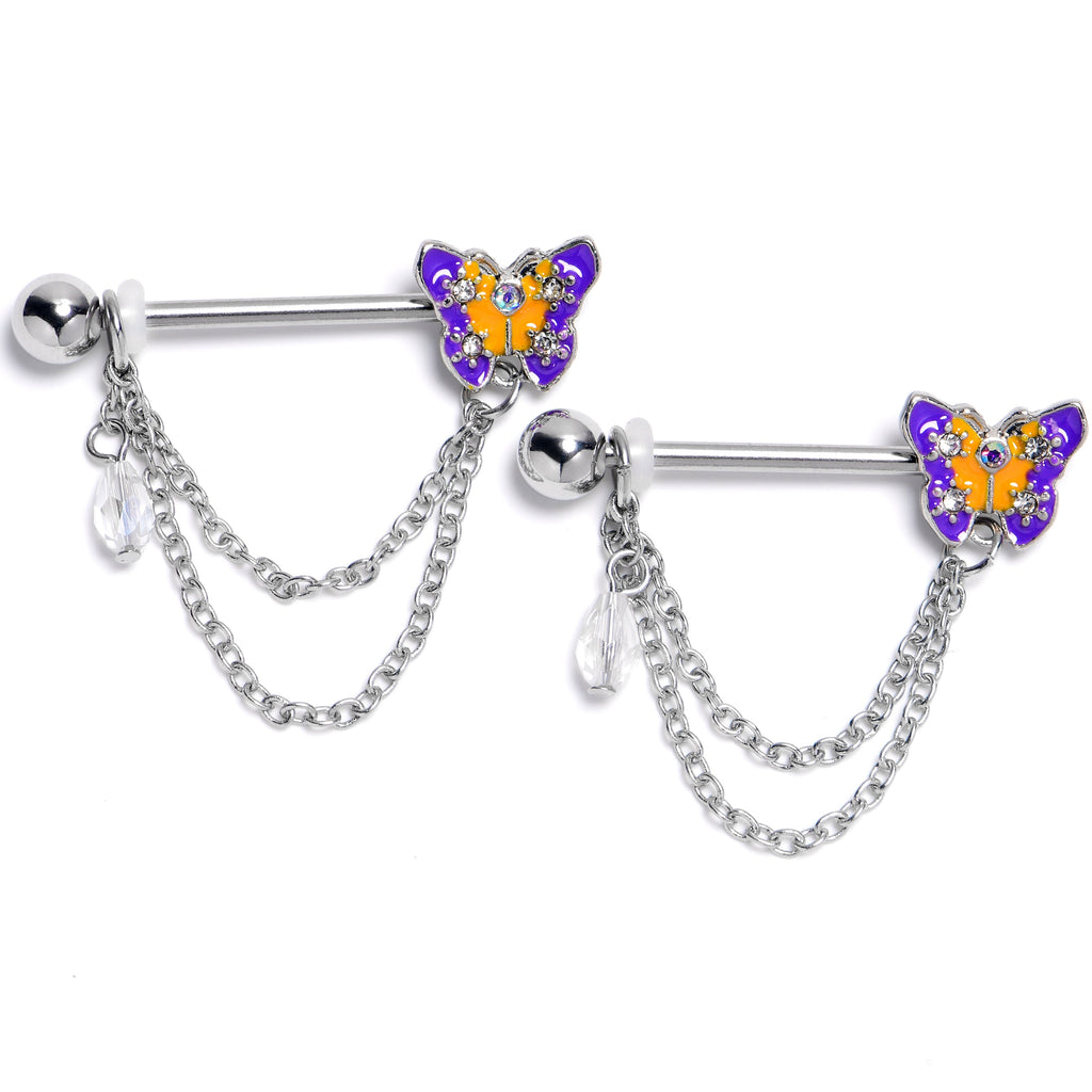 BodyCandy 14G 9/16 Clear Gem Purple Yellow Butterfly Dangle Nipple Ring Set — main product shot