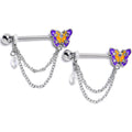 BodyCandy 14G 9/16 Clear Gem Purple Yellow Butterfly Dangle Nipple Ring Set — main product shot