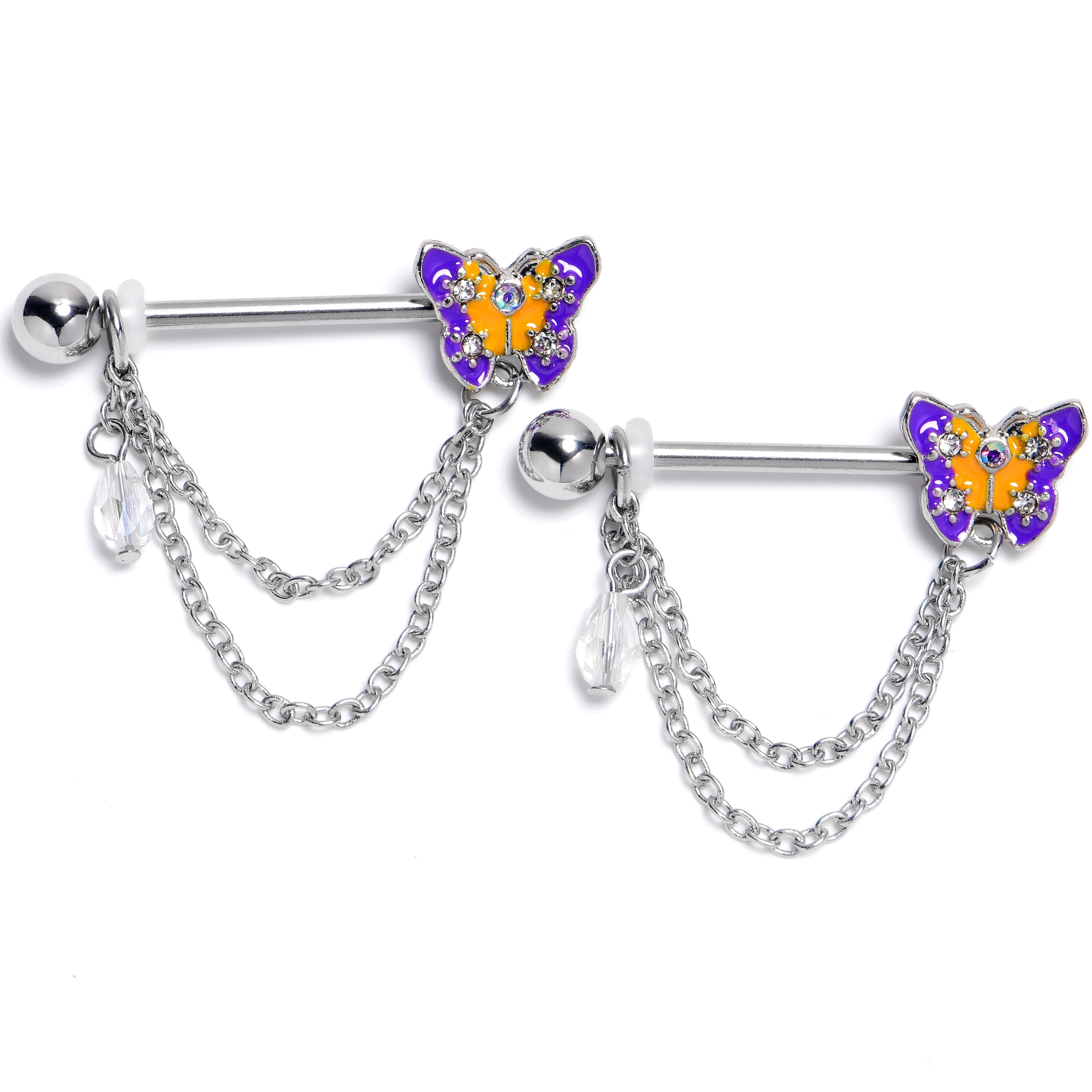 BodyCandy 14G 9/16 Clear Gem Purple Yellow Butterfly Dangle Nipple Ring Set — main product shot
