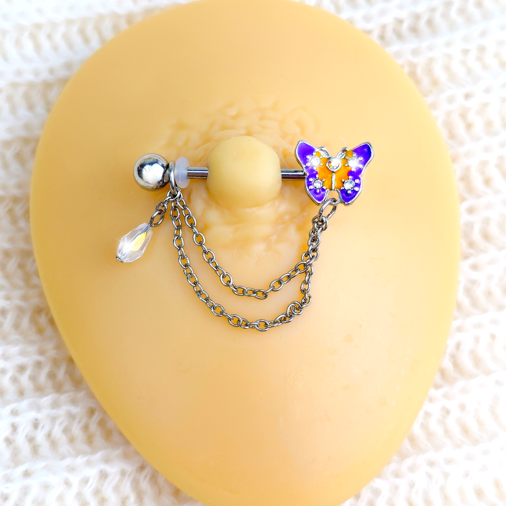 BodyCandy 14G 9/16 Clear Gem Purple Yellow Butterfly Dangle Nipple Ring Set — detail close-up