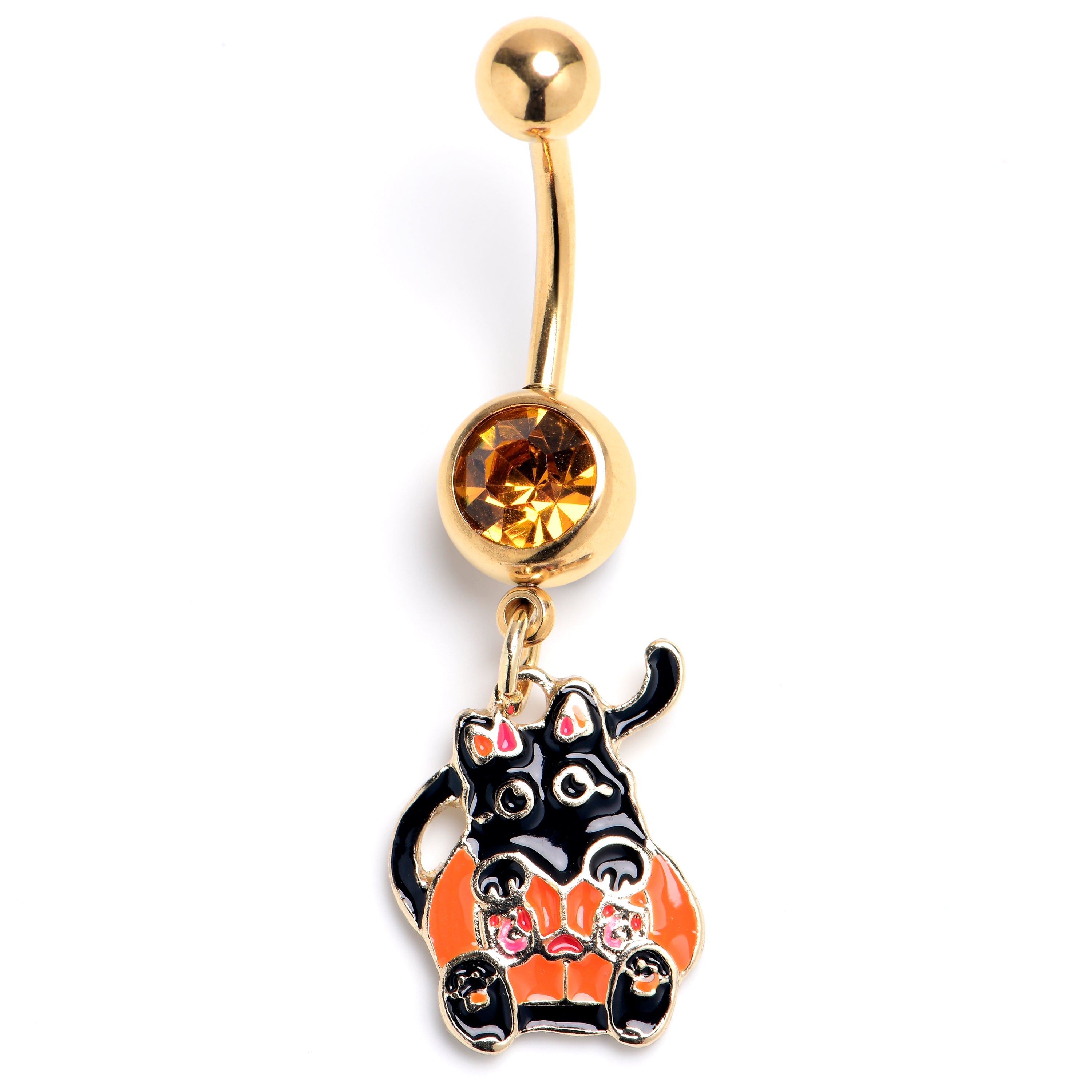 BodyCandy Yellow Gem Gold Tone Black Cat Pumpkin Suit Belly Ring — main product shot