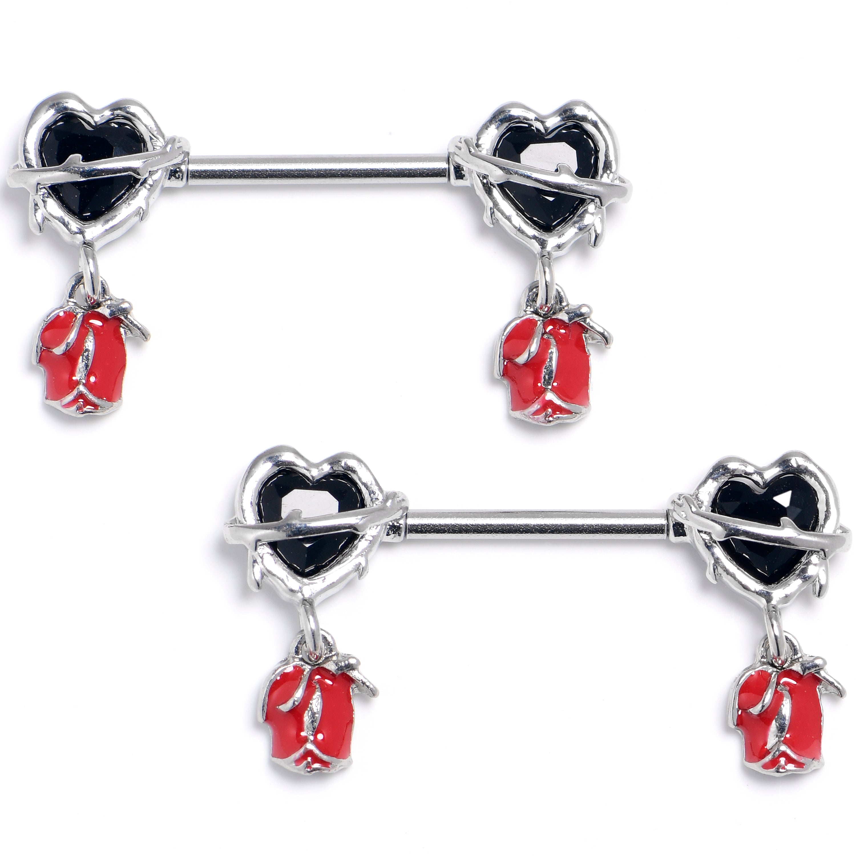BodyCandy 14G 9/16 Barbed Heart Rose Dangle Nipple Ring Set — main product shot