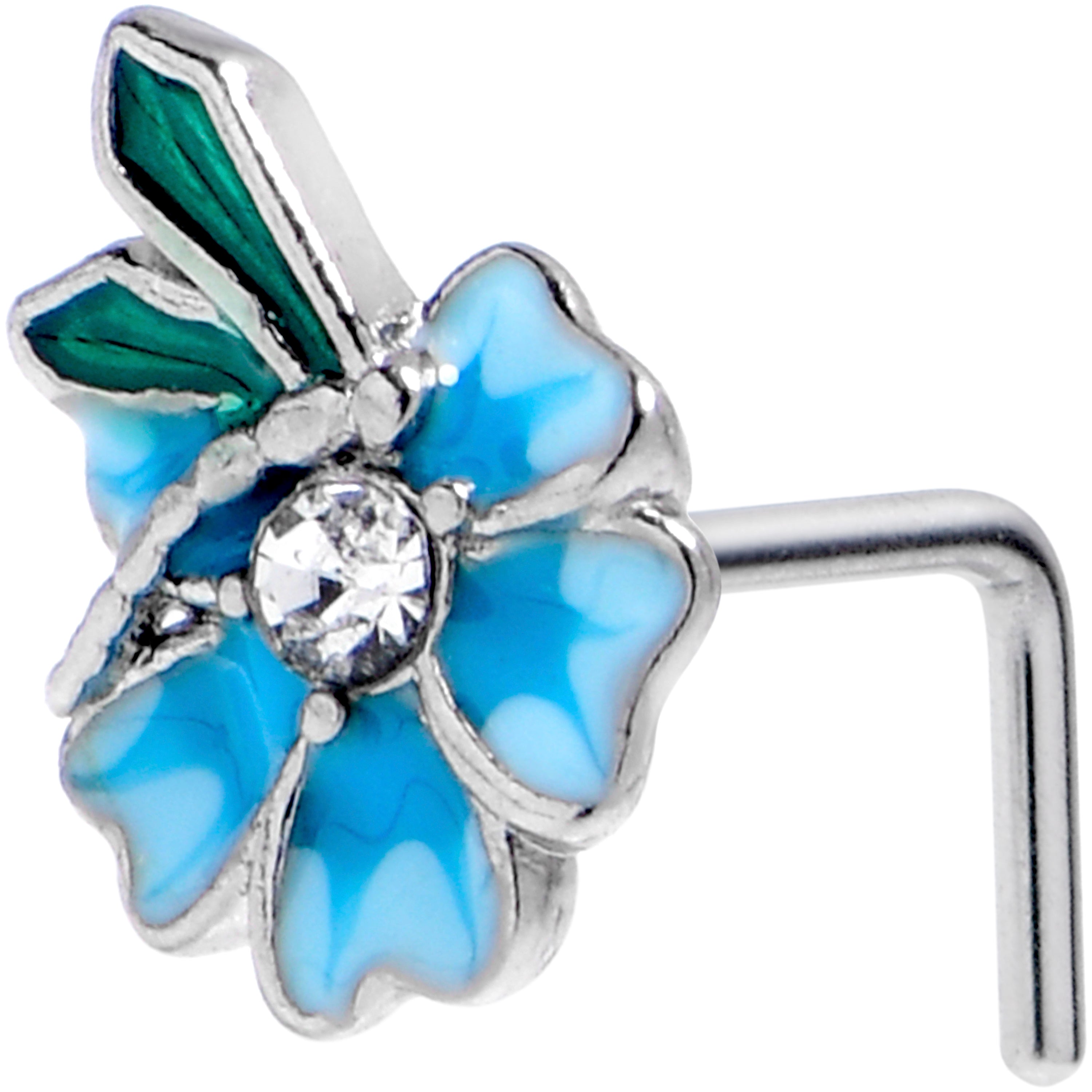 BodyCandy 20G 1/4 Clear Gem Faerie Flower Blue L Shape Nose Ring — main product shot