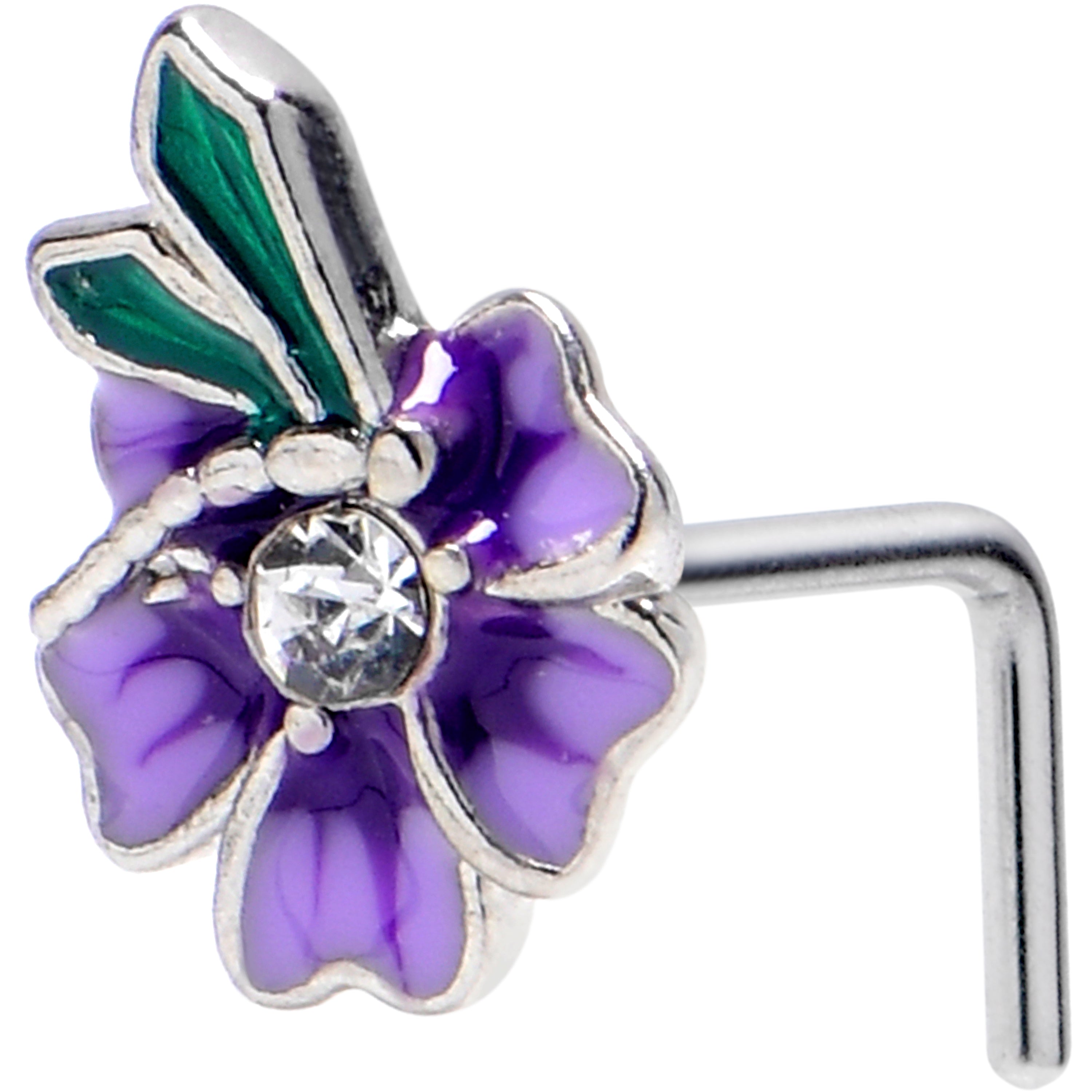 BodyCandy 20G 1/4 Clear Gem Faerie Flower Purple L Shape Nose Ring — main product shot