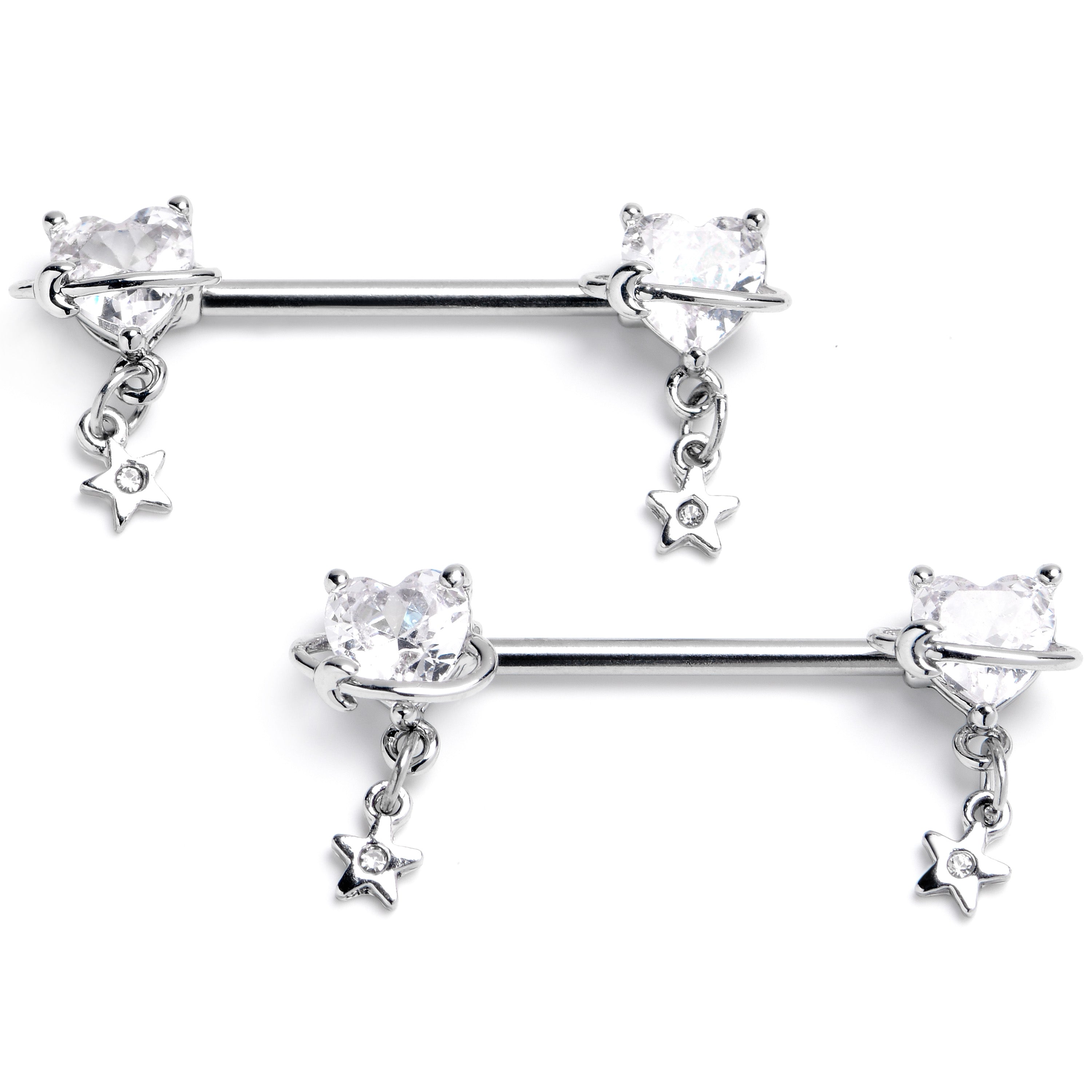 BodyCandy 14G 9/16 Clear CZ Heart Starry Saturn Dangle Nipple Ring Set — main product shot