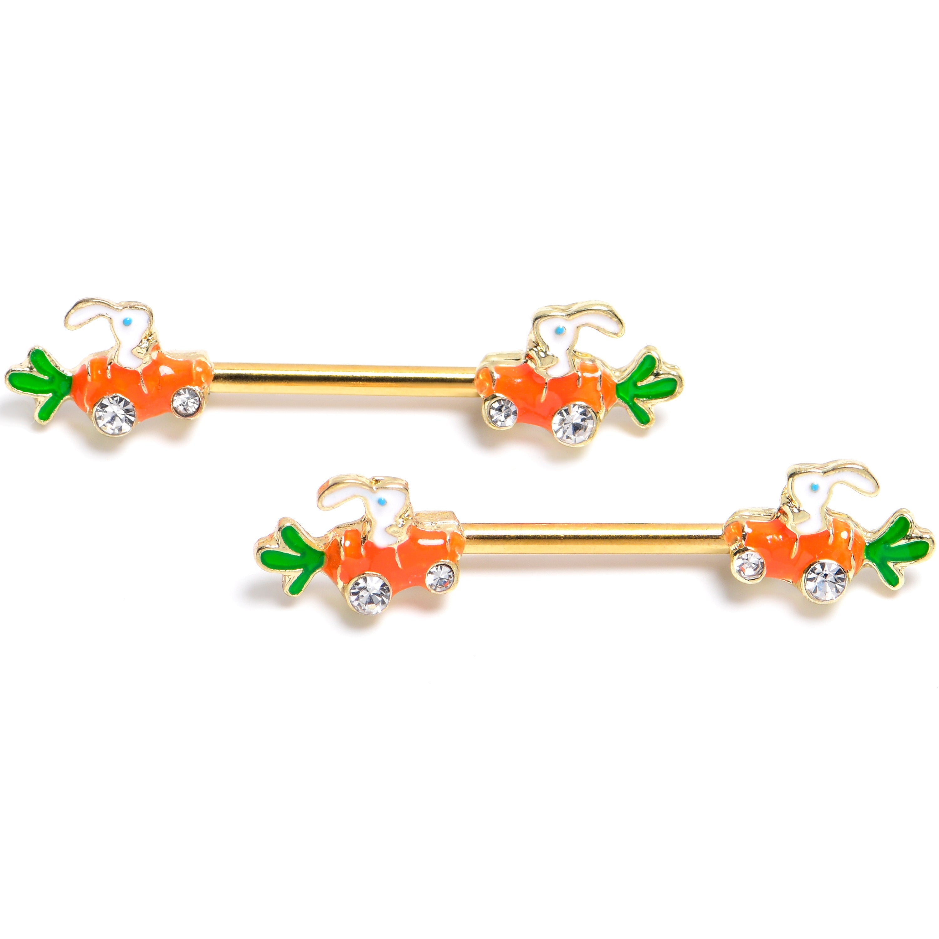BodyCandy 14G 9/16 Clear Gem Gold Tone Rabbit Carrot Car Nipple Ring Set — main product shot