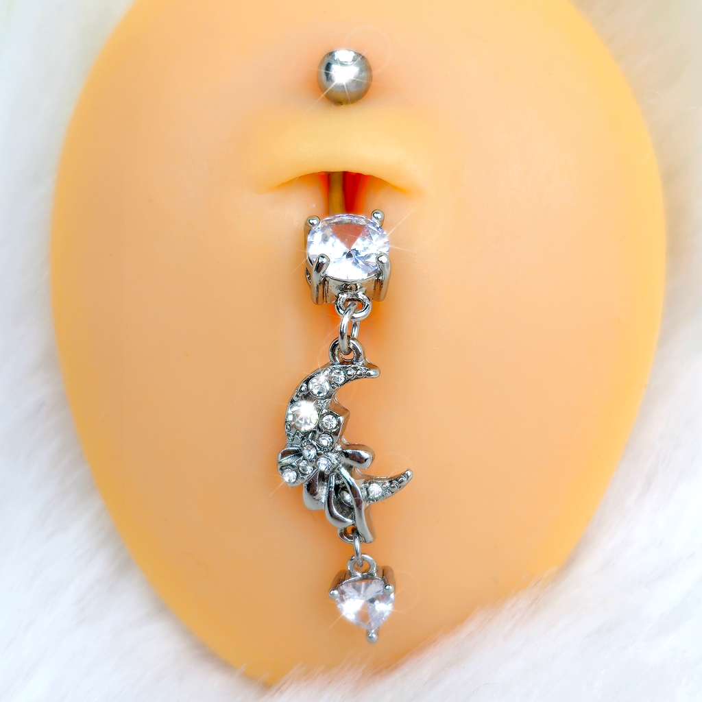 BodyCandy Clear CZ Gem Moon Bow Heart Dangle Belly Ring — detail close-up