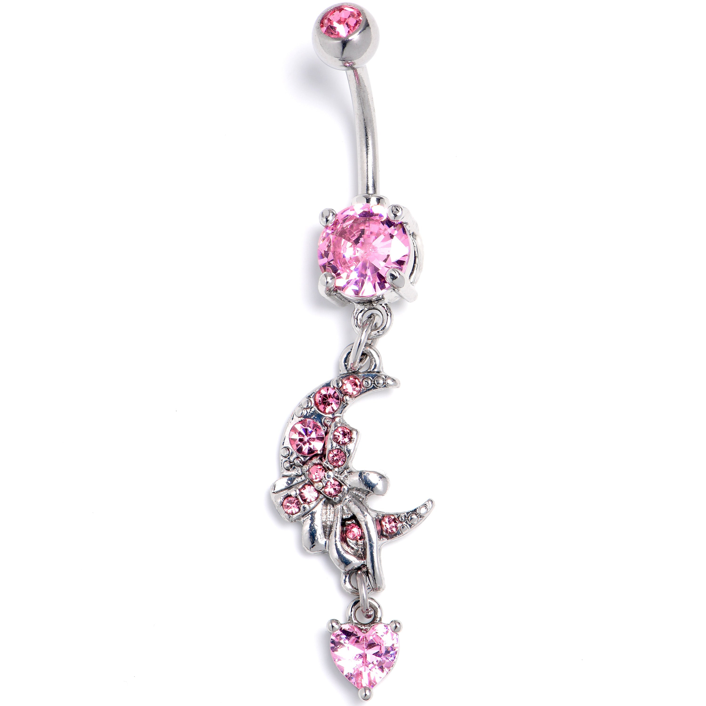 BodyCandy Pink CZ Gem Moon Bow Heart Dangle Belly Ring — main product shot