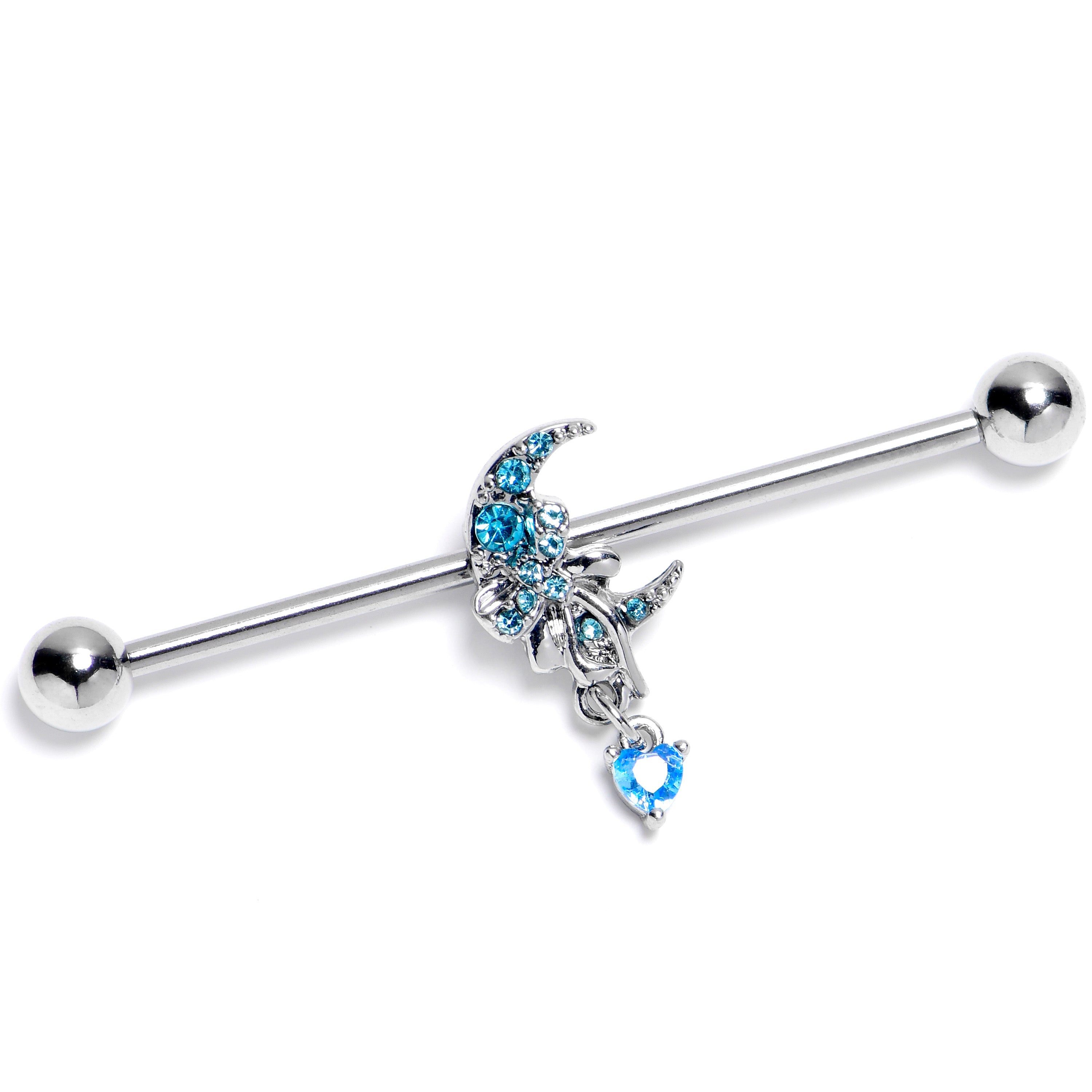 BodyCandy 14G Blue CZ Gem Moon Bow Heart Dangle Industrial Barbell 38mm — main product shot