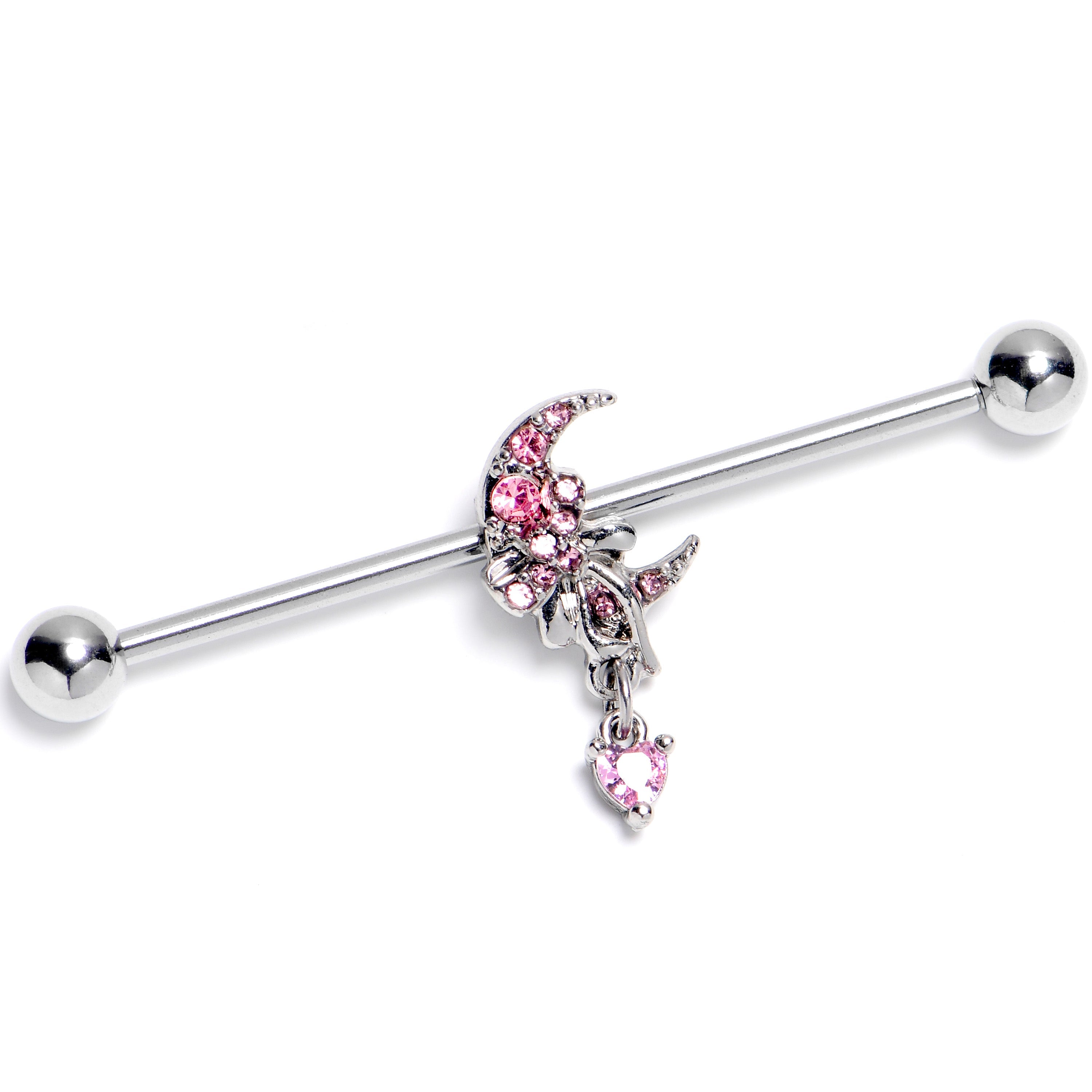 BodyCandy 14G Pink CZ Gem Moon Bow Heart Dangle Industrial Barbell 38mm — main product shot