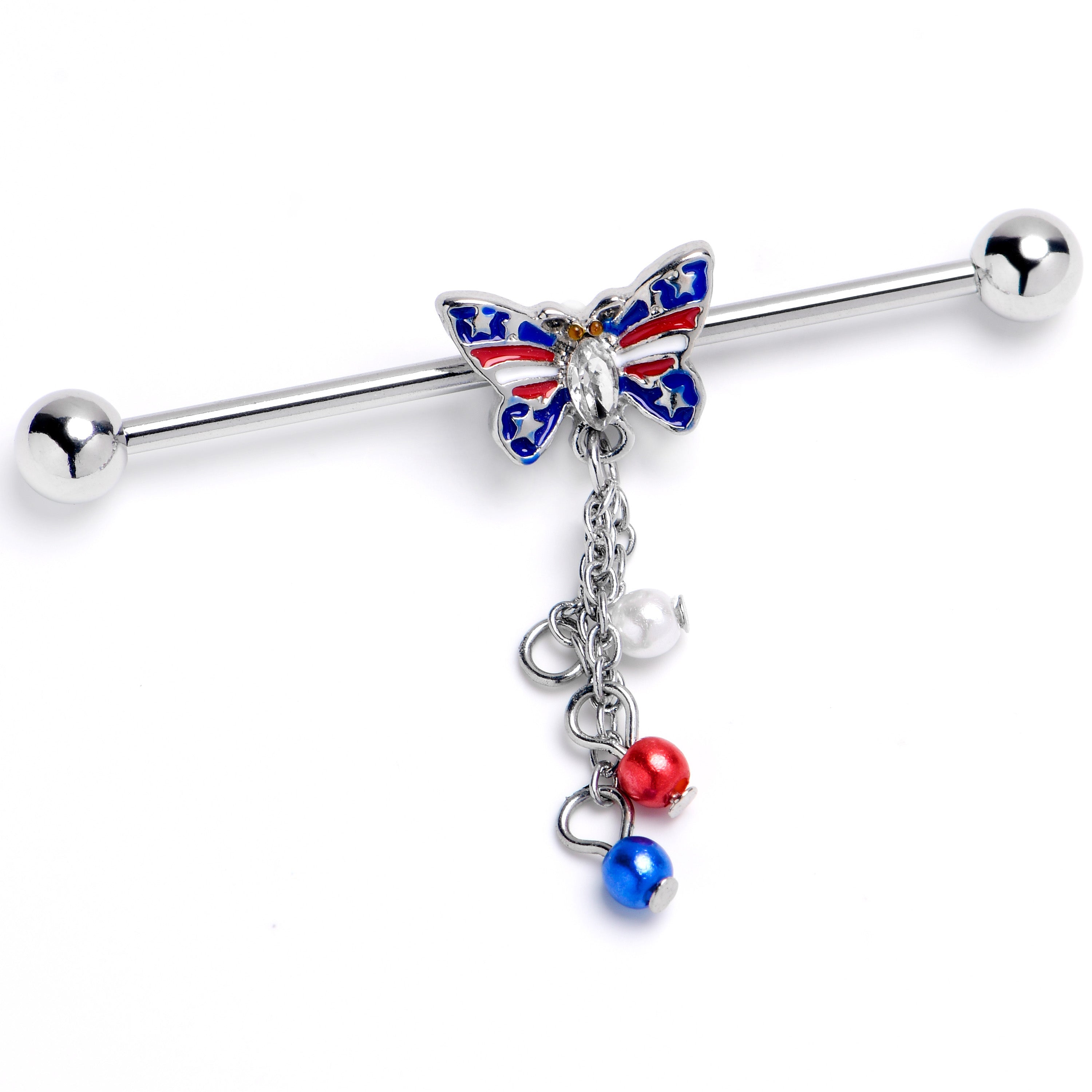BodyCandy 14G Clear Gem Patriotic Butterfly Dangle Industrial Barbell 38mm — main product shot