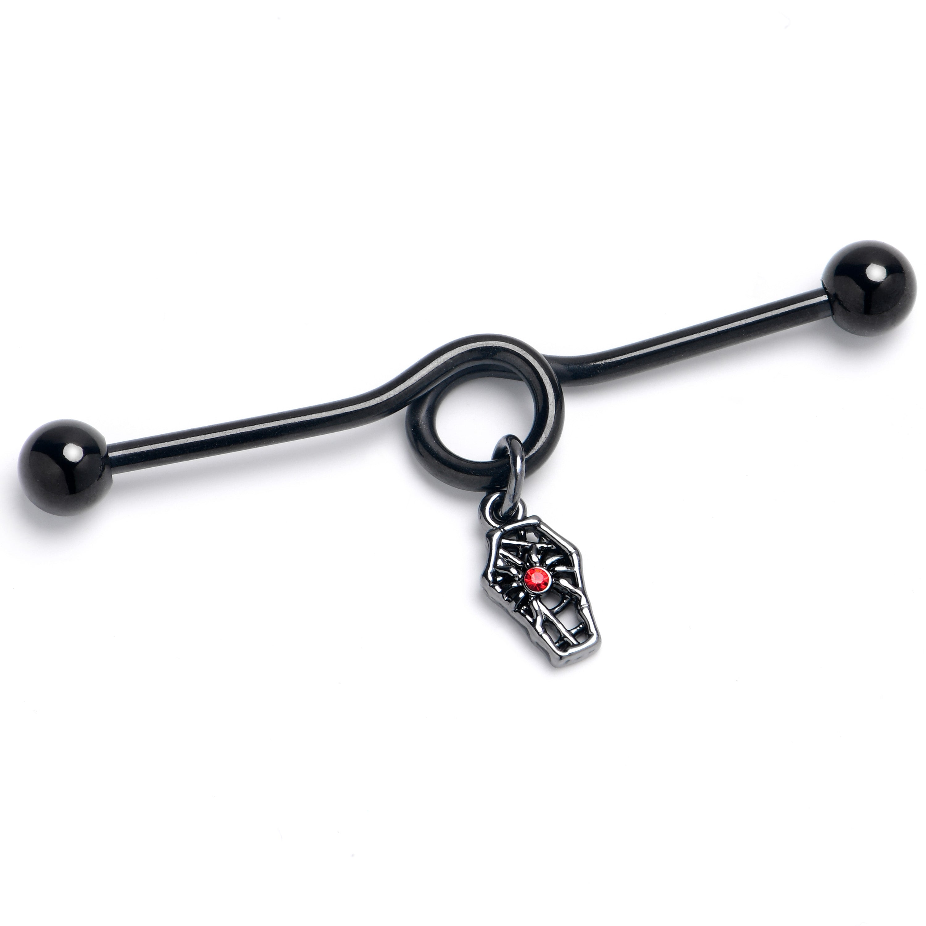 BodyCandy 14G Red Gem Black Spider Coffin Dangle Project Bar 38mm — main product shot
