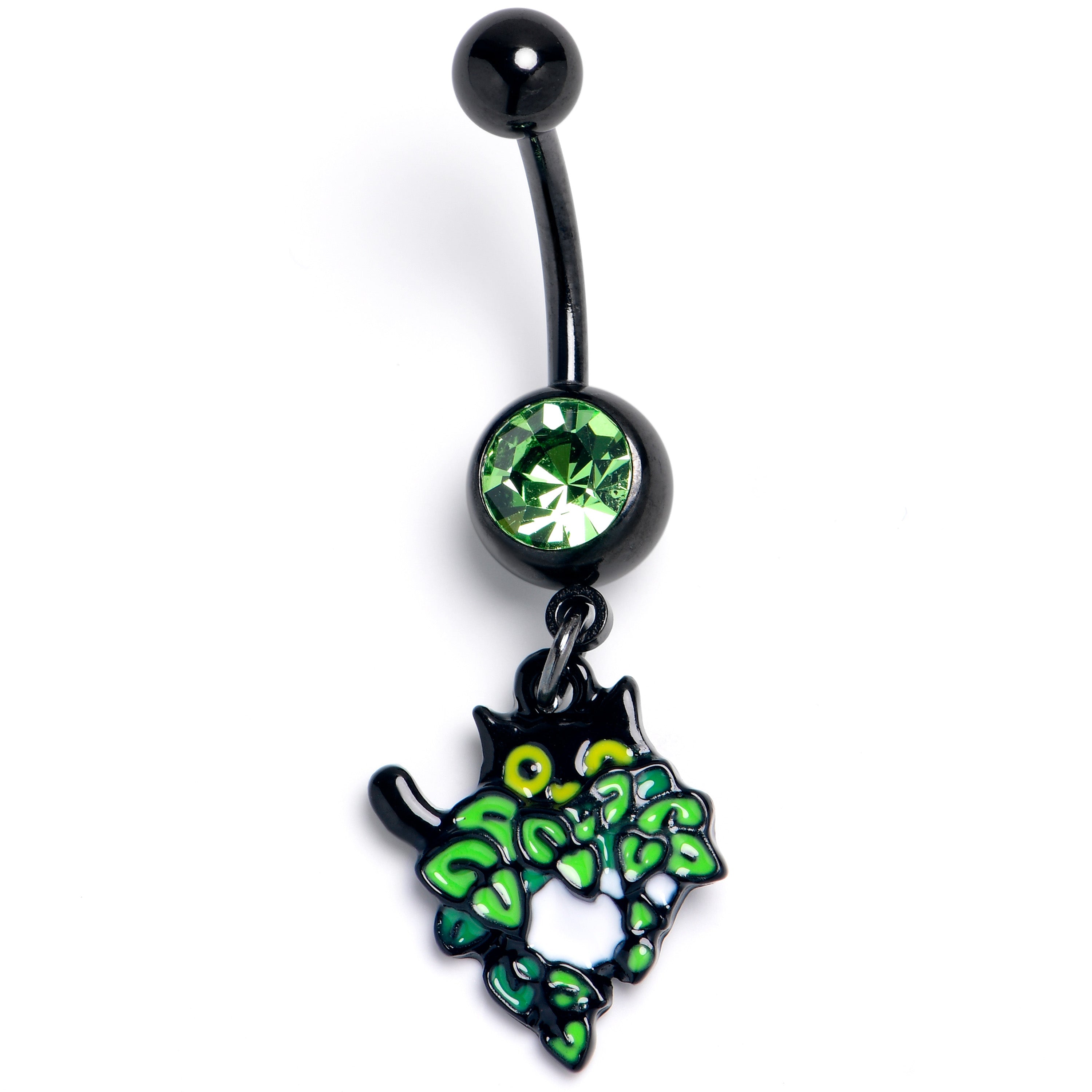 BodyCandy Green Gem Black Pouncing Cat Dangle Belly Ring — main product shot