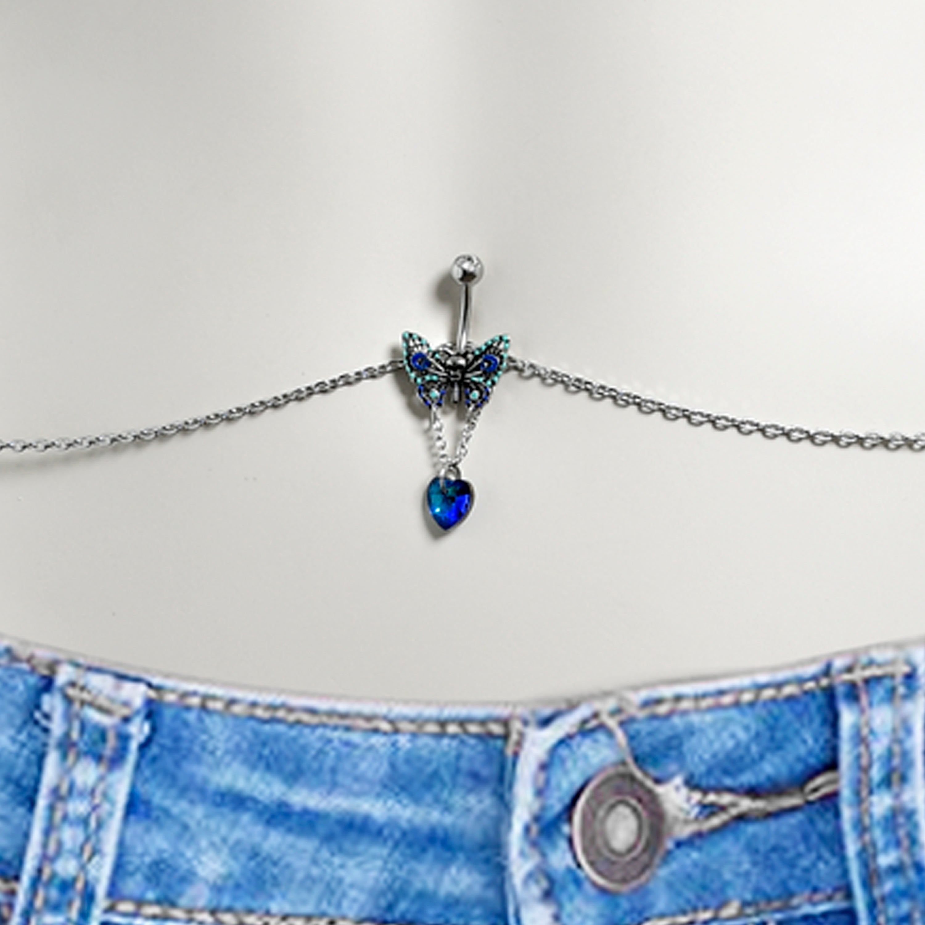 BodyCandy Blue Gem Heart Colorful Butterfly Belly Ring Belly Chain — detail close-up