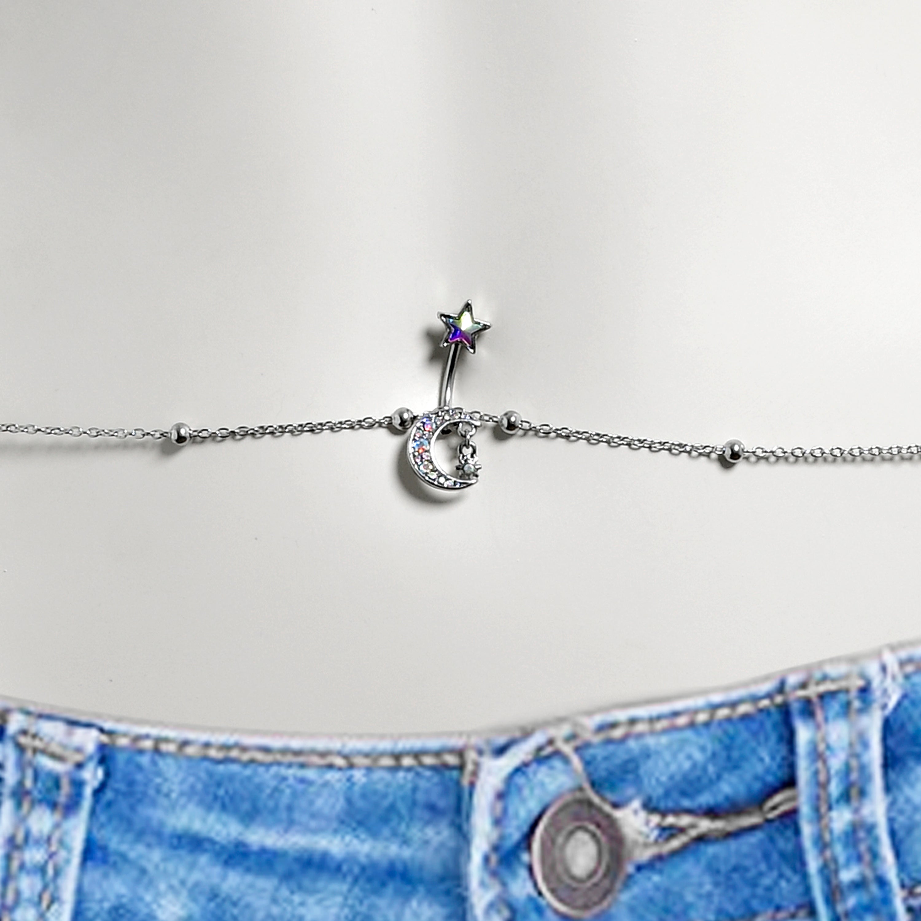BodyCandy Aurora Purple Gem Moon Star Double Mount Belly Ring Belly Chain — detail close-up