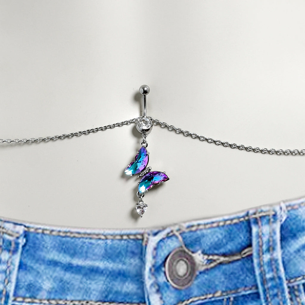 BodyCandy Clear Vitrail Gem Butterfly Beauty Dangle Belly Ring Belly Chain — detail close-up